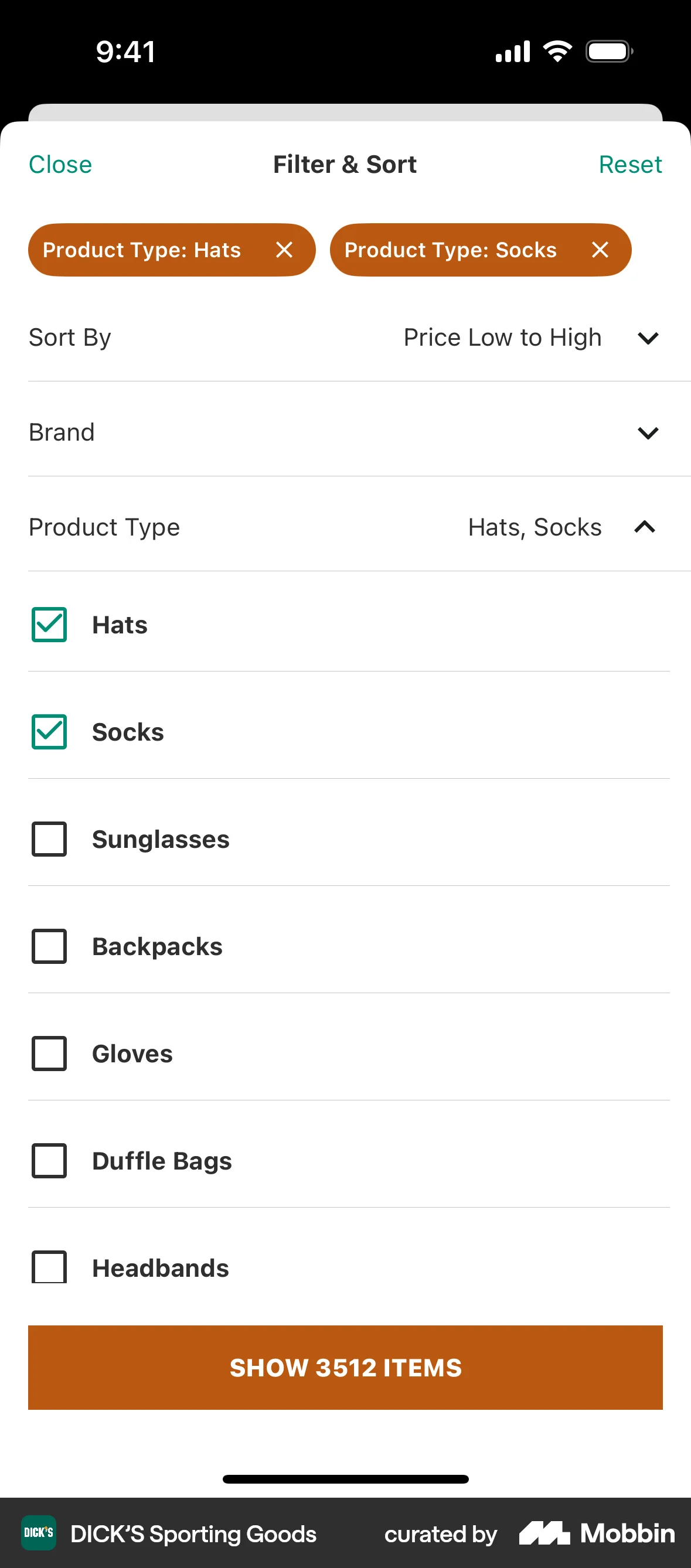 DICK’S Sporting Goods iOS screen containing Accordion UI element