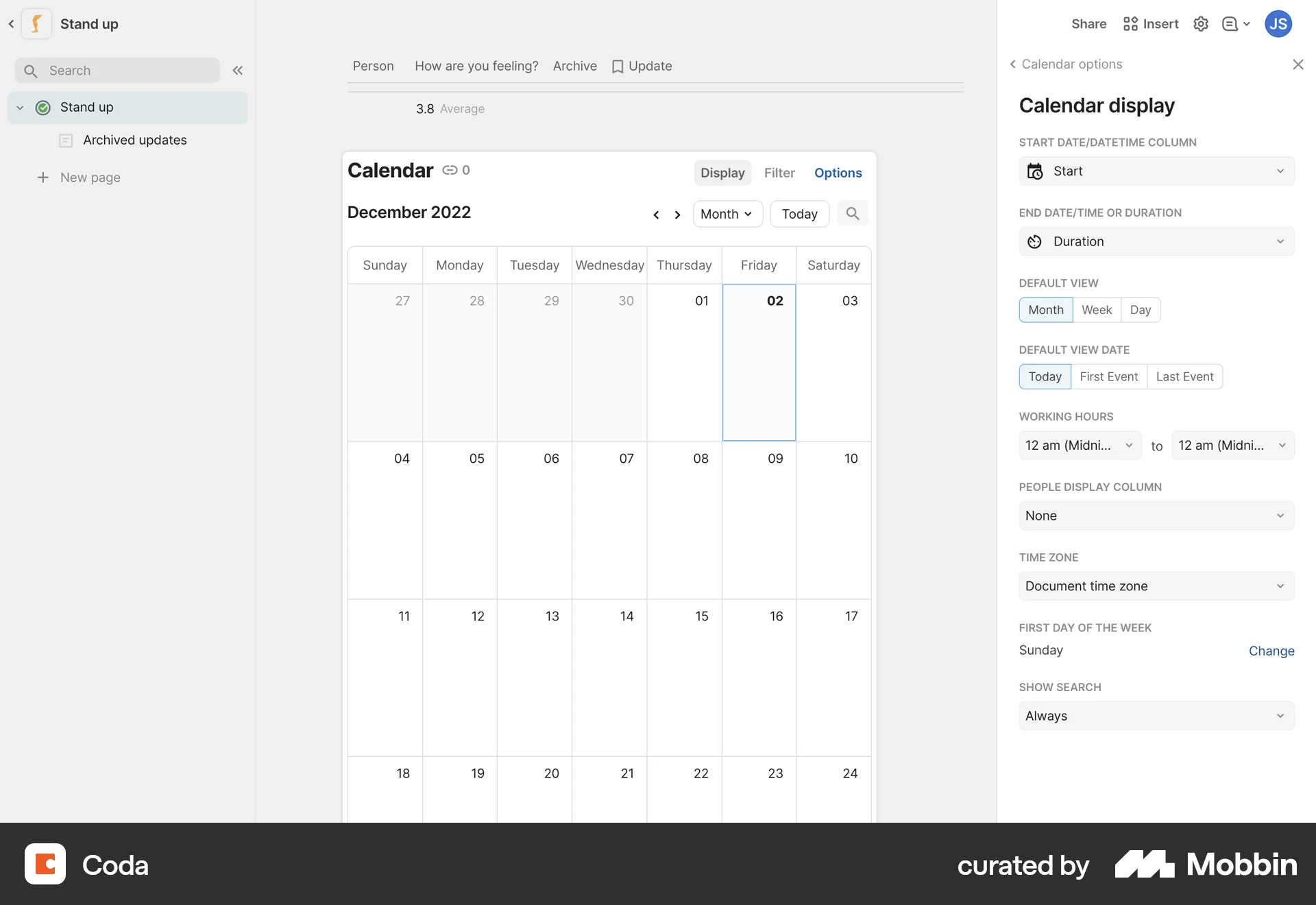 Coda Web screen containing Segmented Control UI element