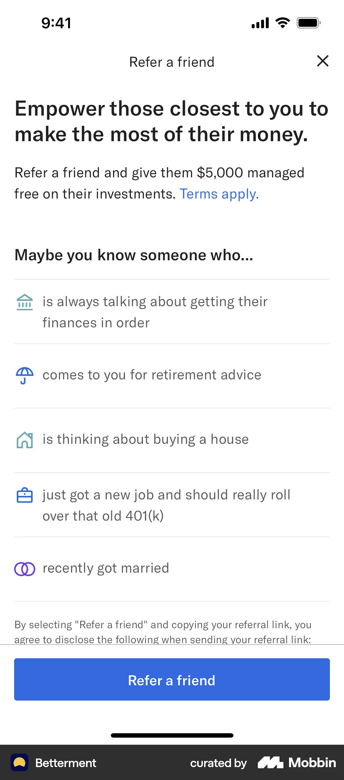 Betterment iOS Invite & Refer Friends screen