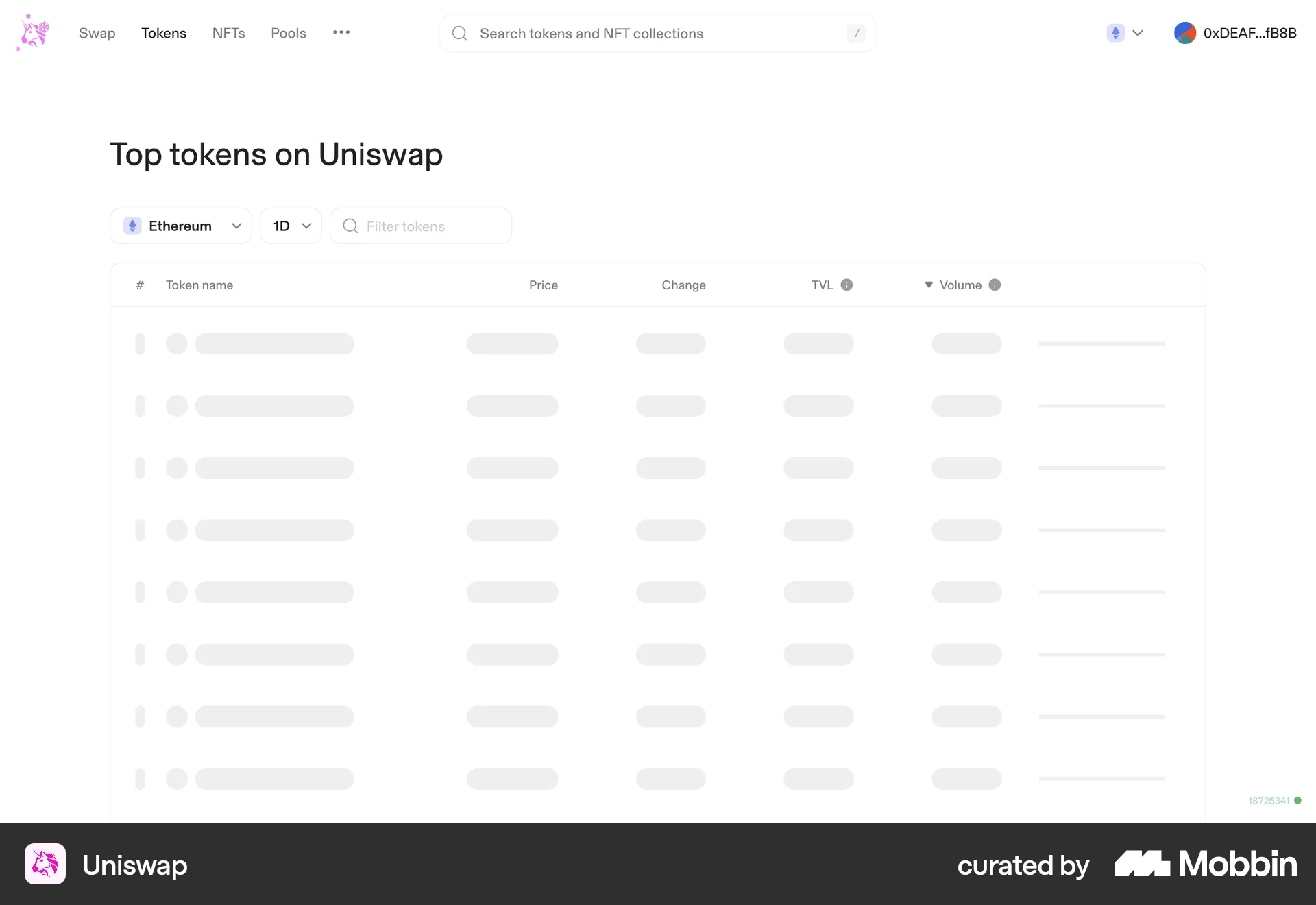 Uniswap Web screen containing Skeleton UI element