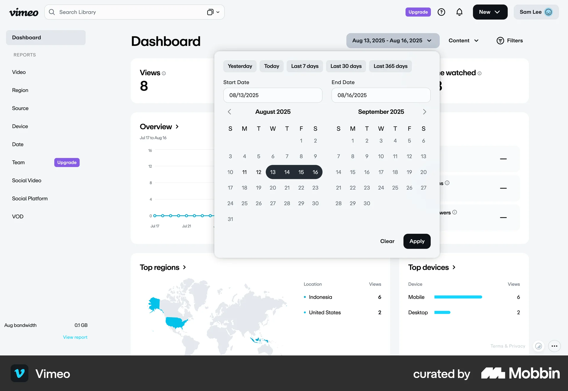 Vimeo Web Calendar screen