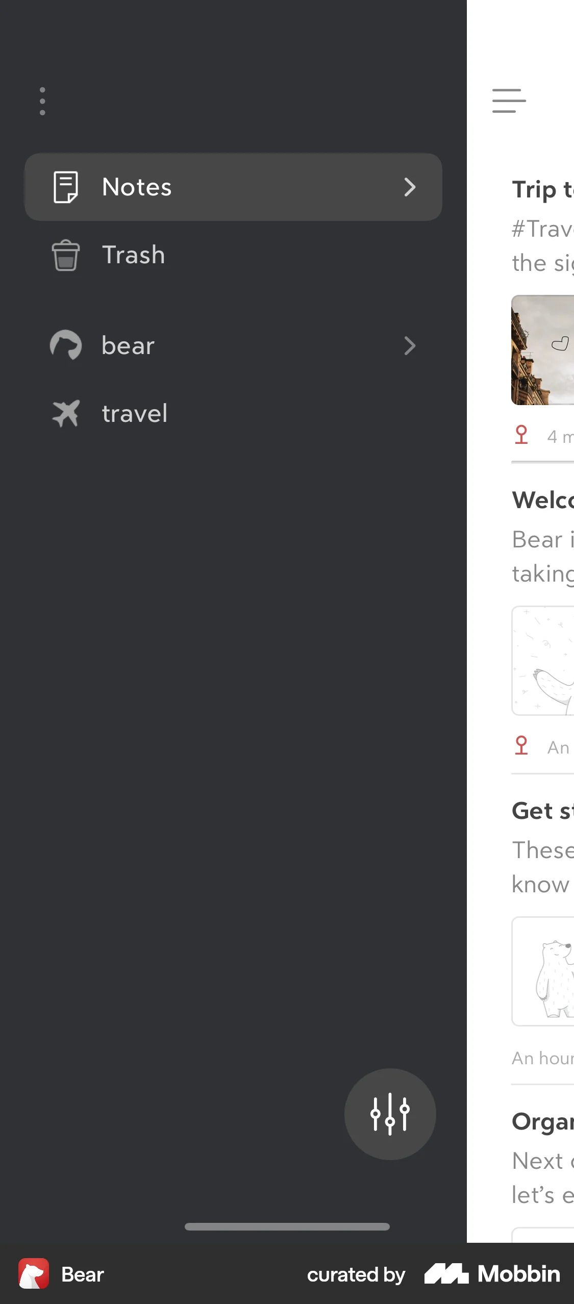 Bear iOS screen containing Floating Action Button UI element