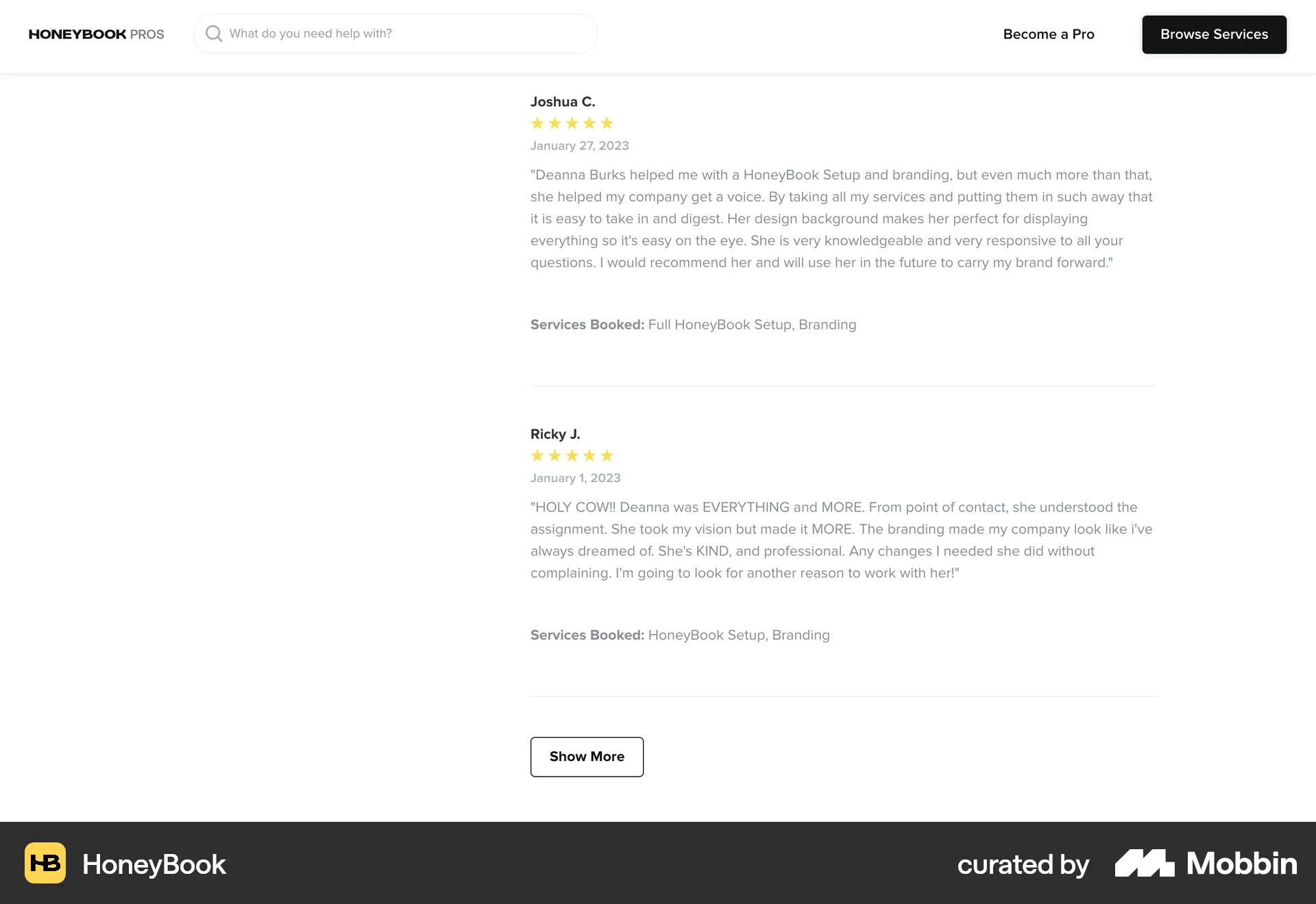 HoneyBook Web Reviews & Ratings screen