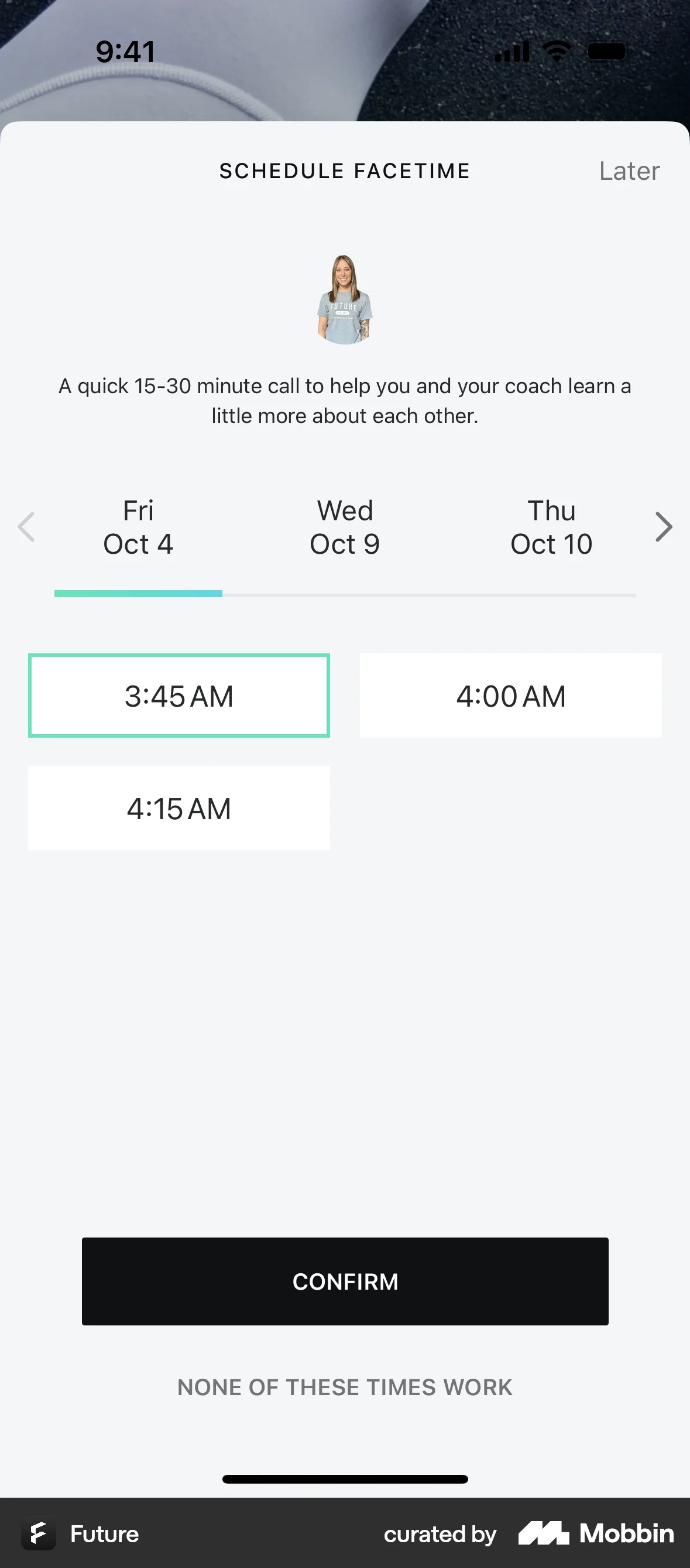 Future iOS screen containing Time Picker UI element