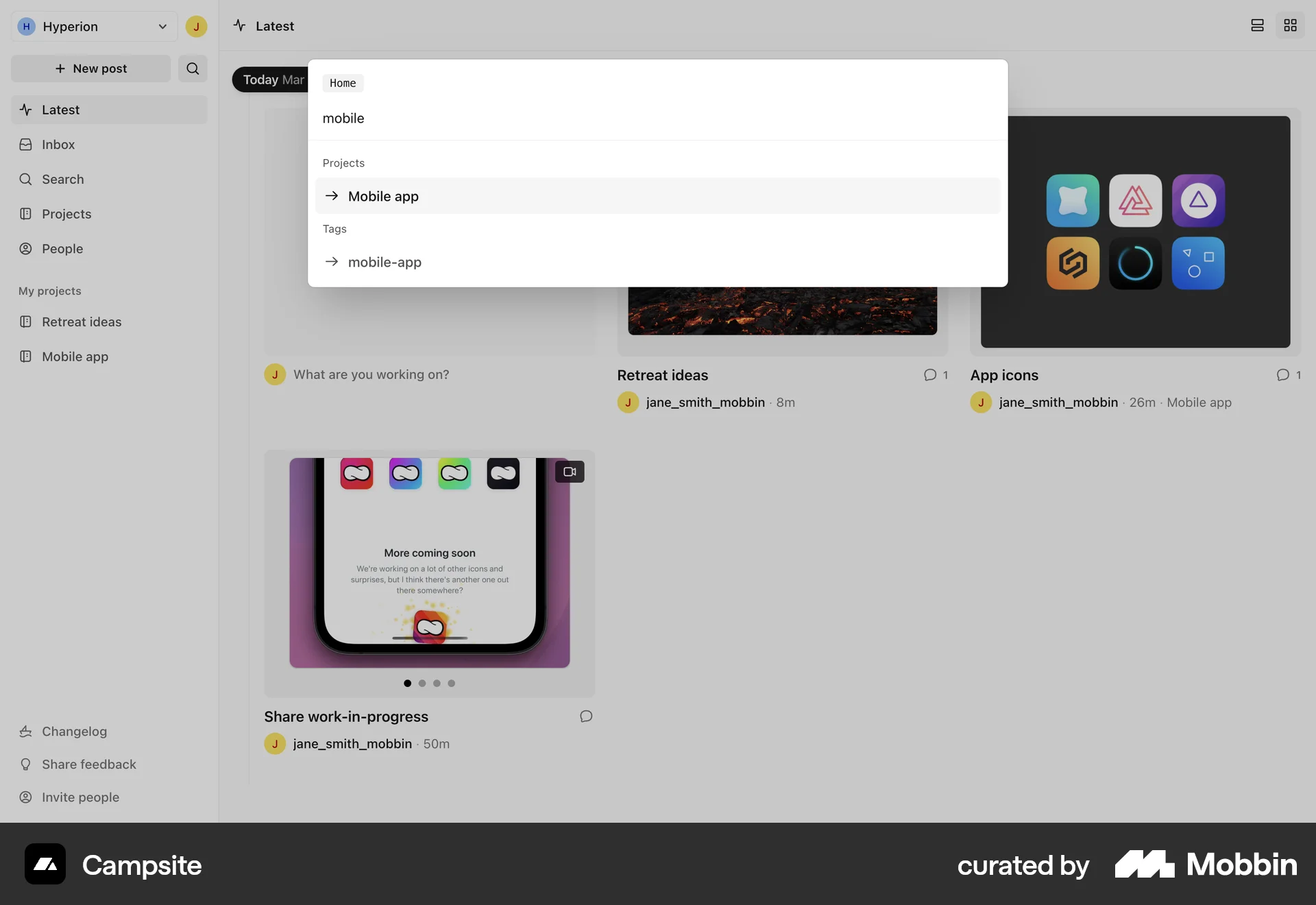 Campsite Web Command Palette screen
