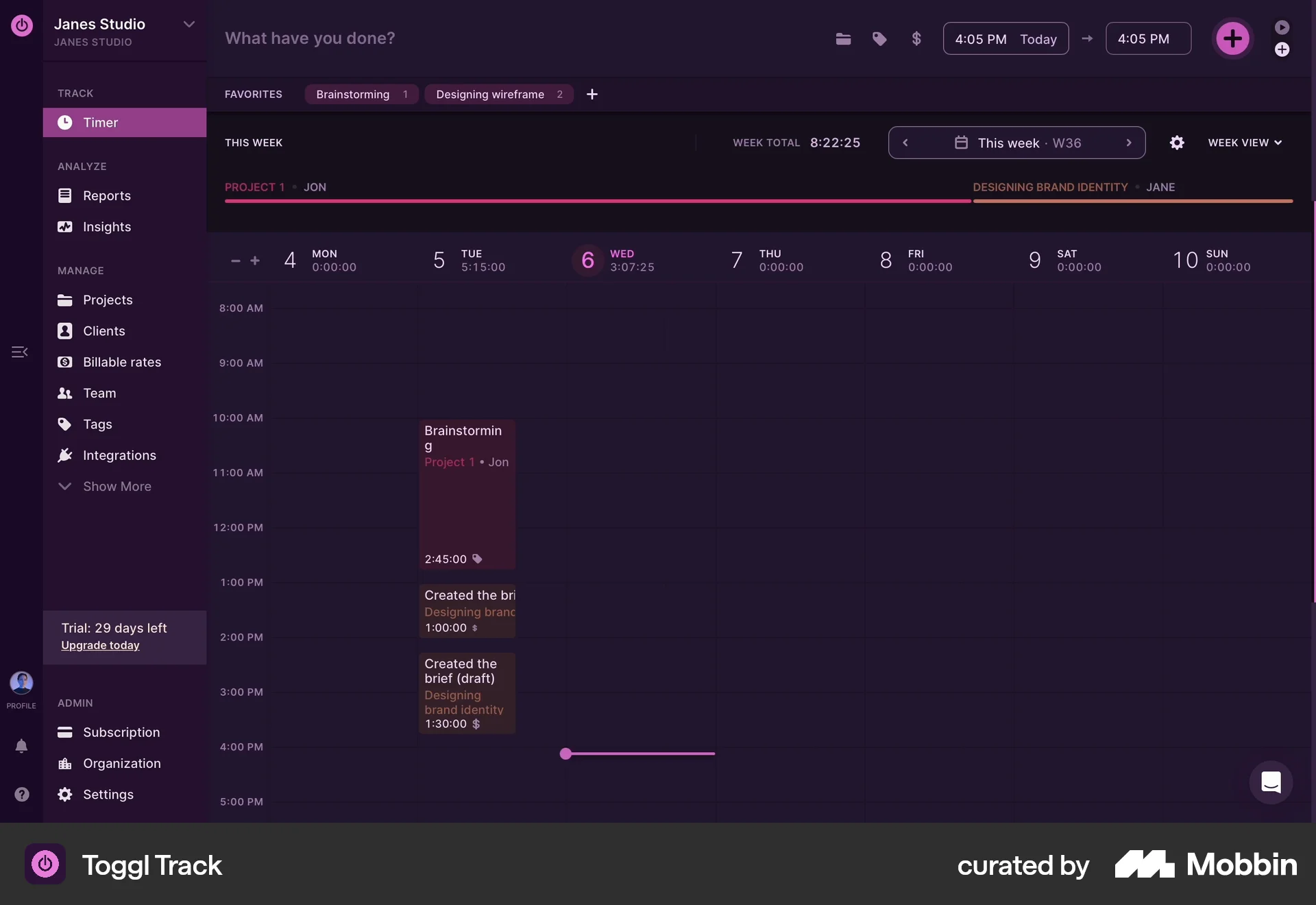 Toggl Track Web Dark Mode screen