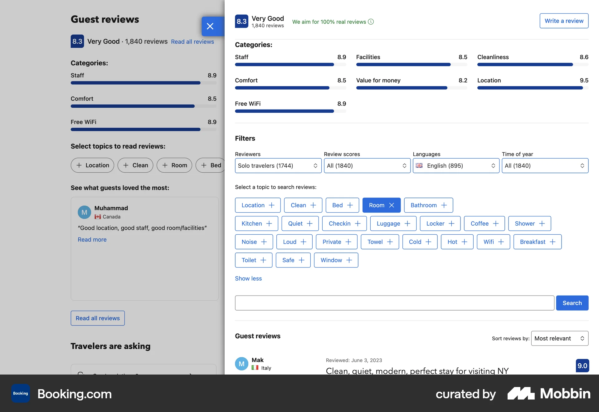 Booking.com Web screen containing Filter Panel UI UI element