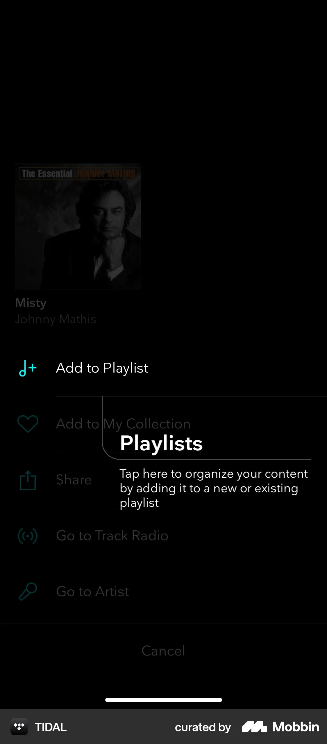 TIDAL iOS screen containing Coach Marks UI element