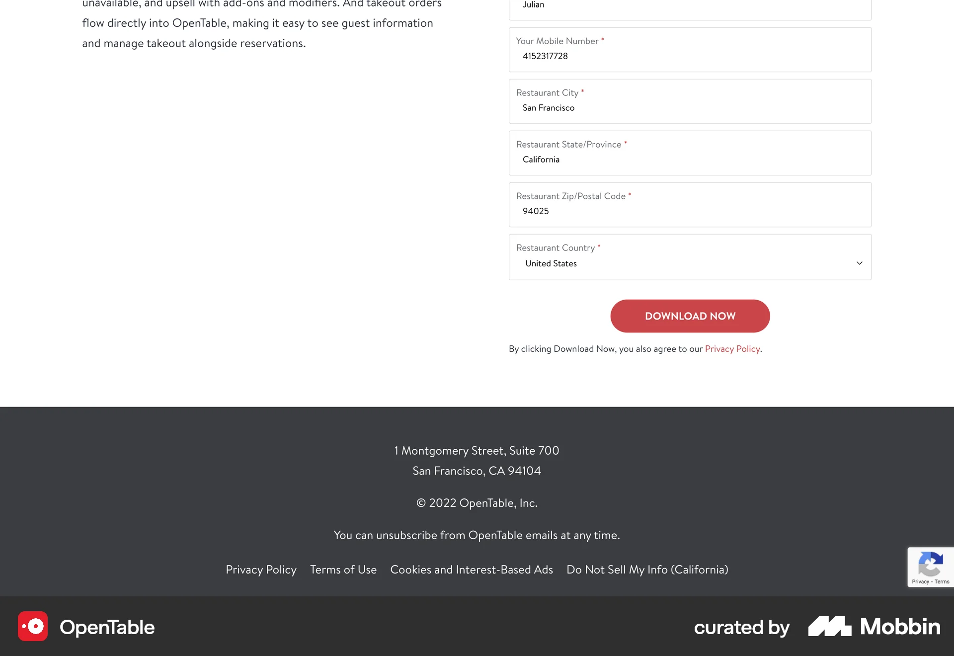 OpenTable Web Follow & Subscribe screen