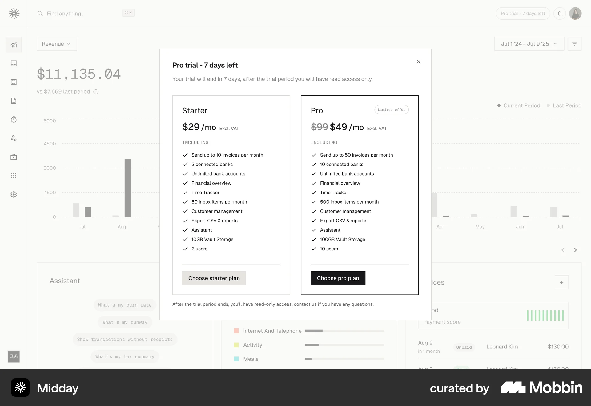 Midday Web Pricing screen