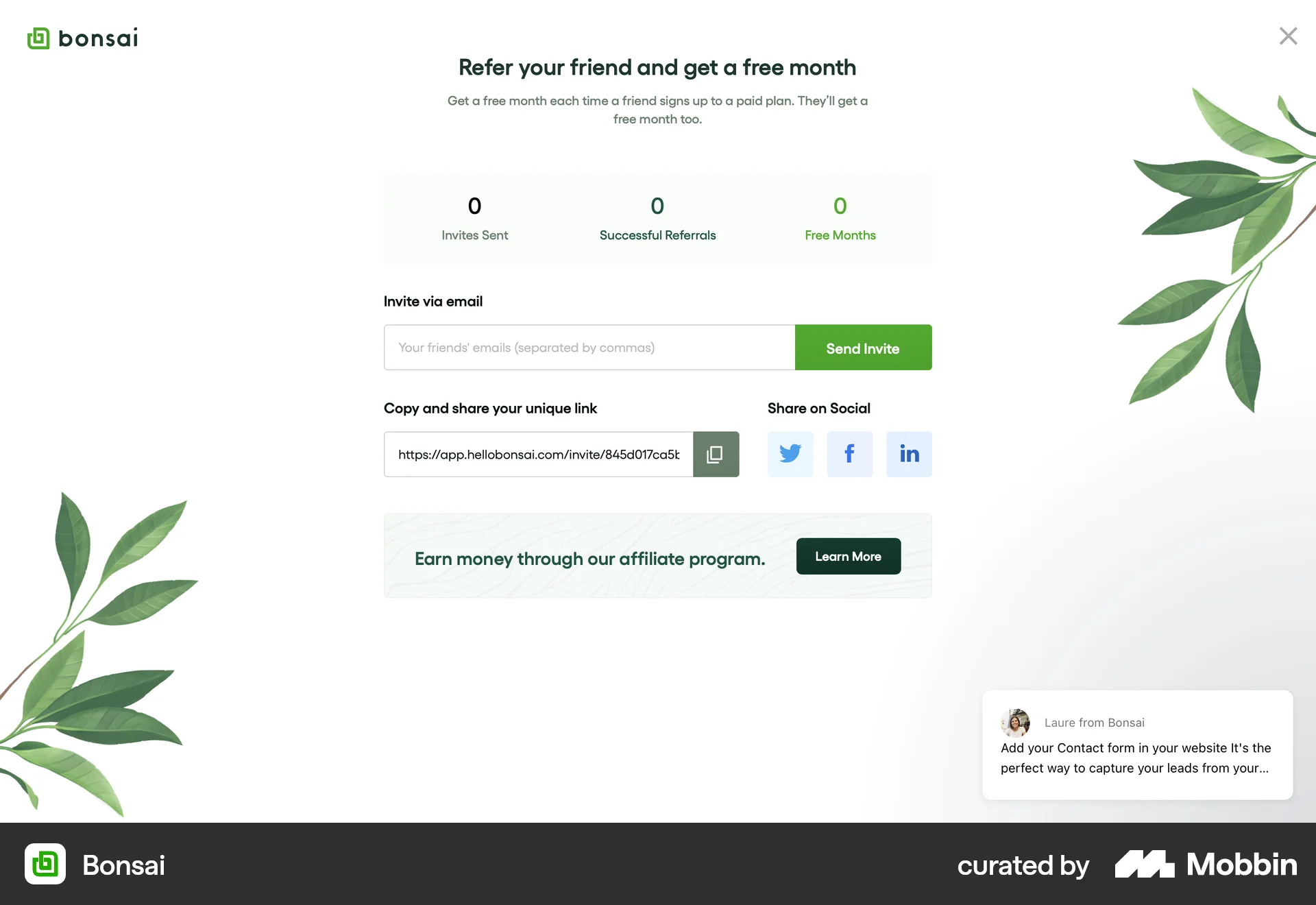 Bonsai Web Invite & Refer Friends screen