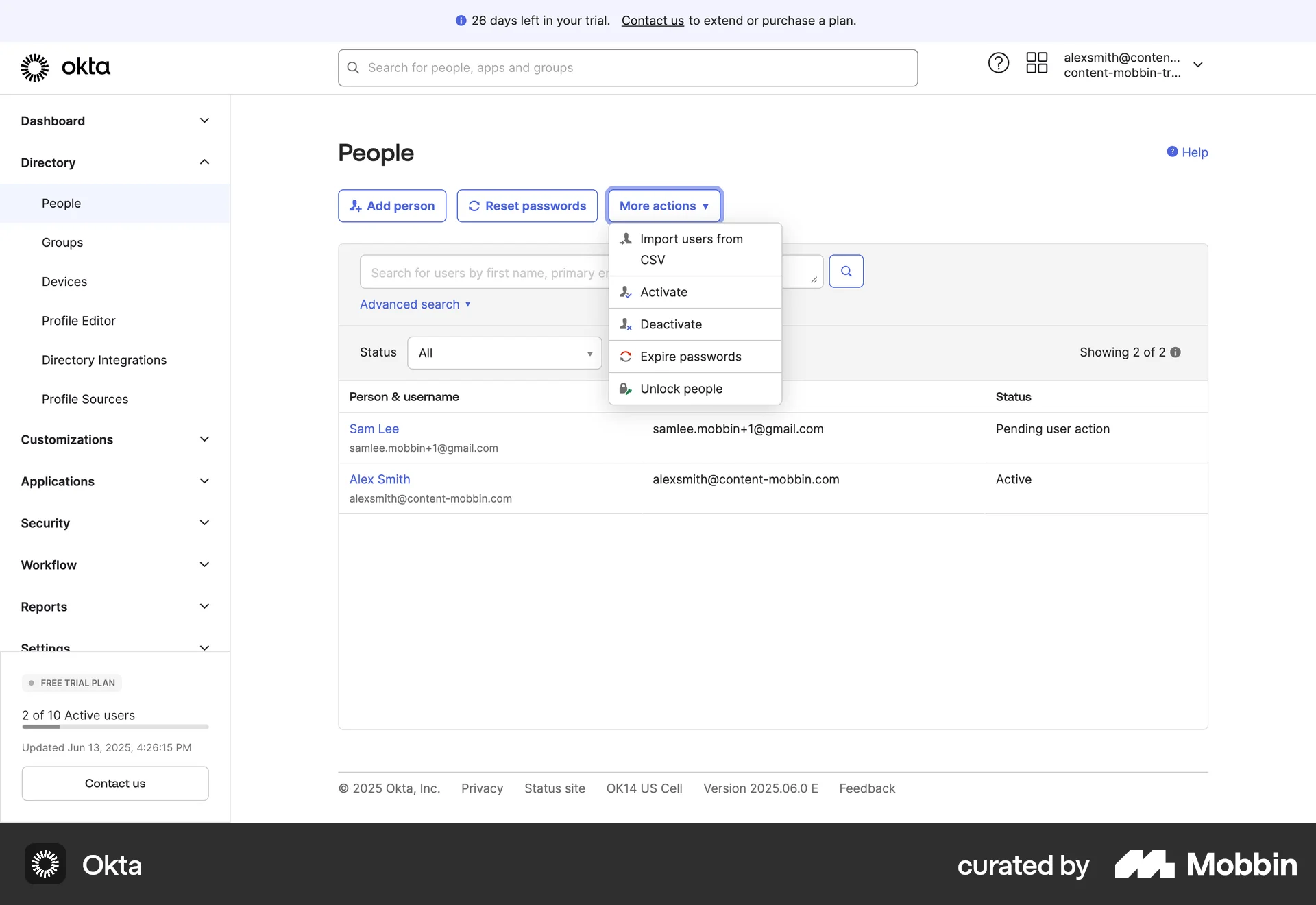 Okta Web Action Option screen