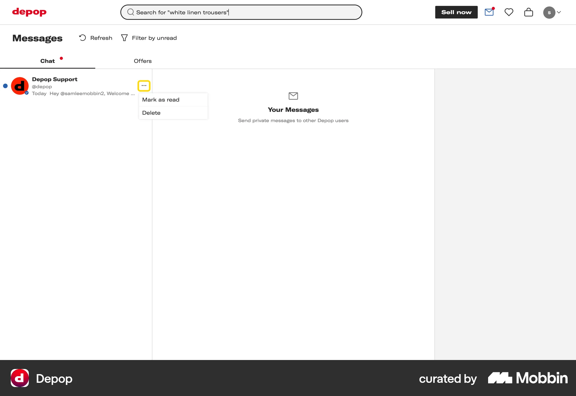 Depop Web Action Option screen
