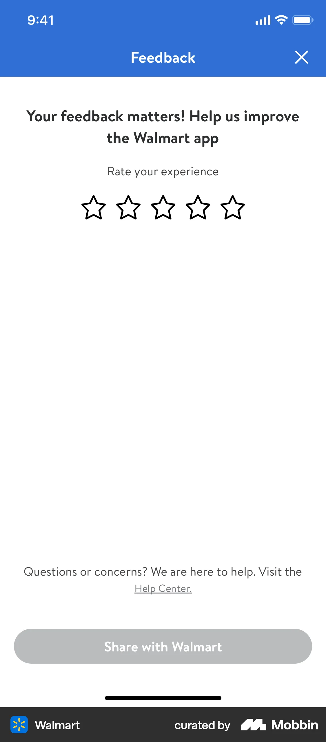 Walmart iOS Feedback screen