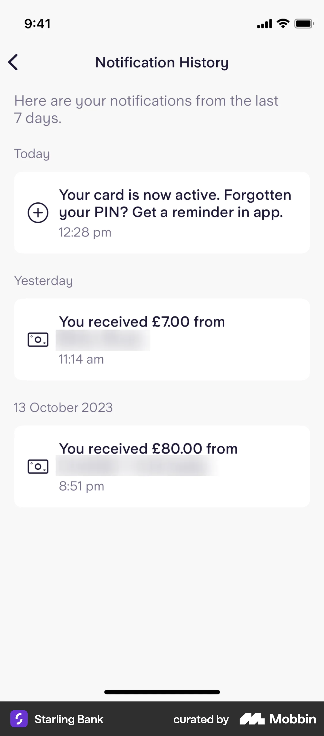 Starling Bank iOS Notifications screen