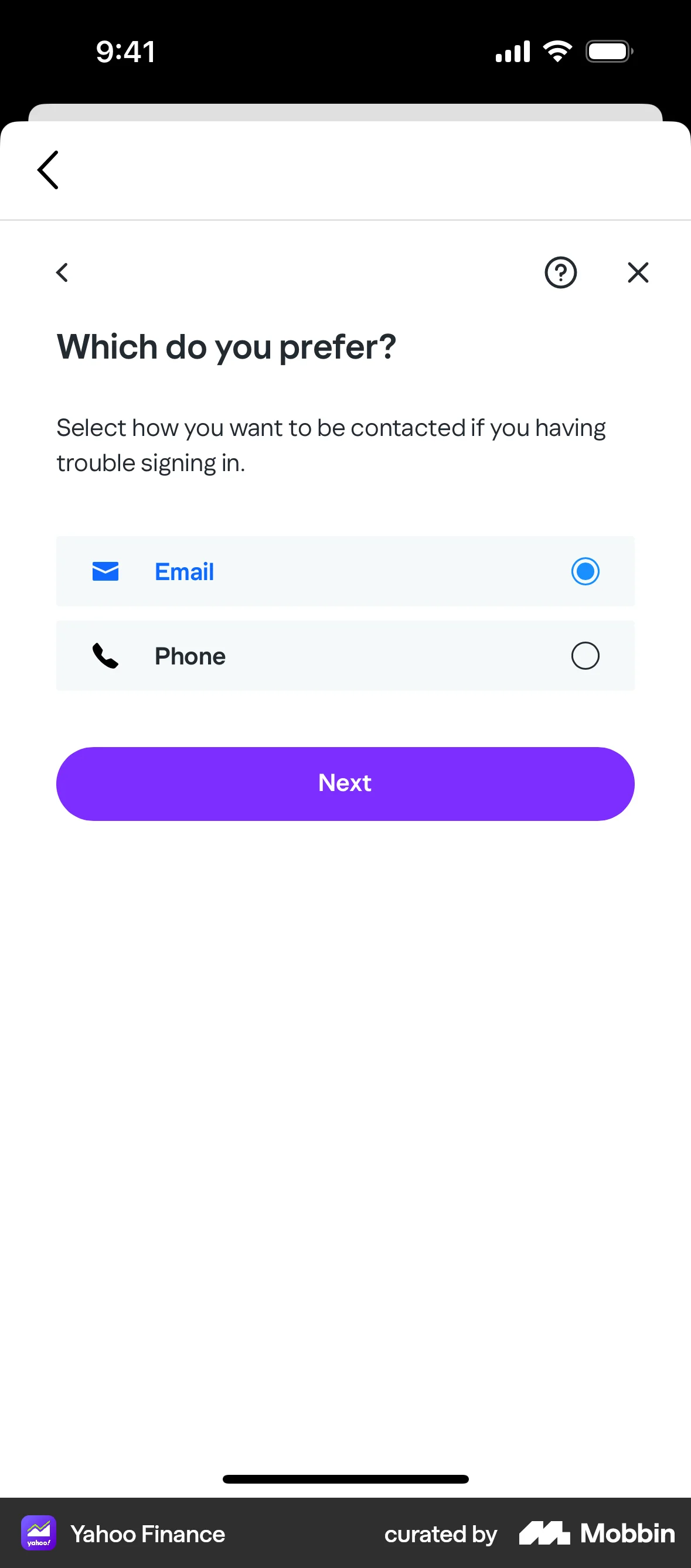Yahoo Finance iOS screen containing Radio Button UI element