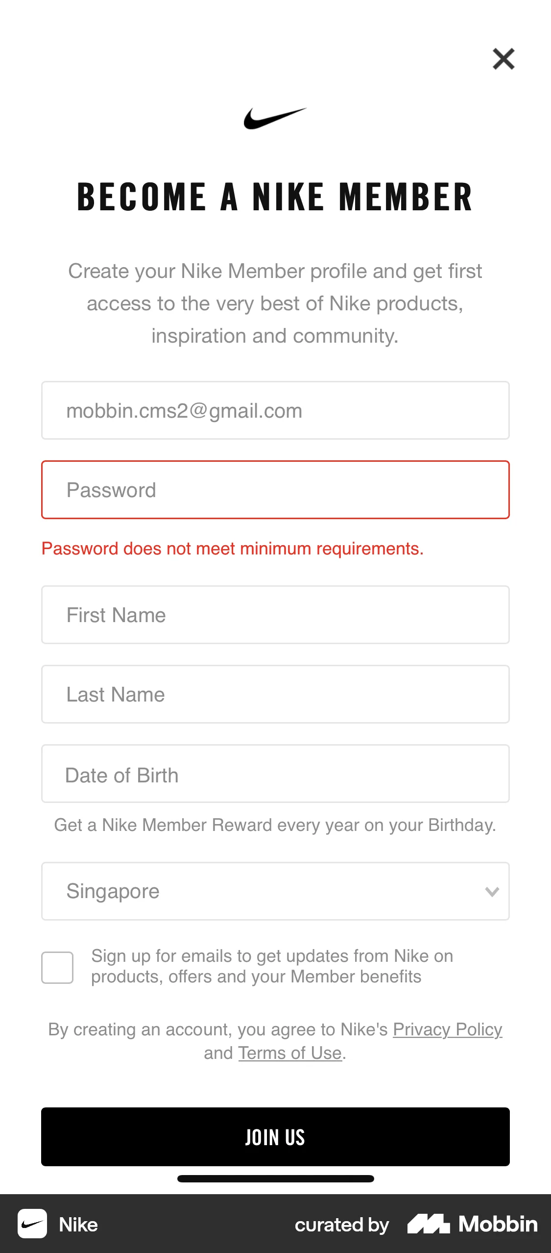 Nike iOS Error screen