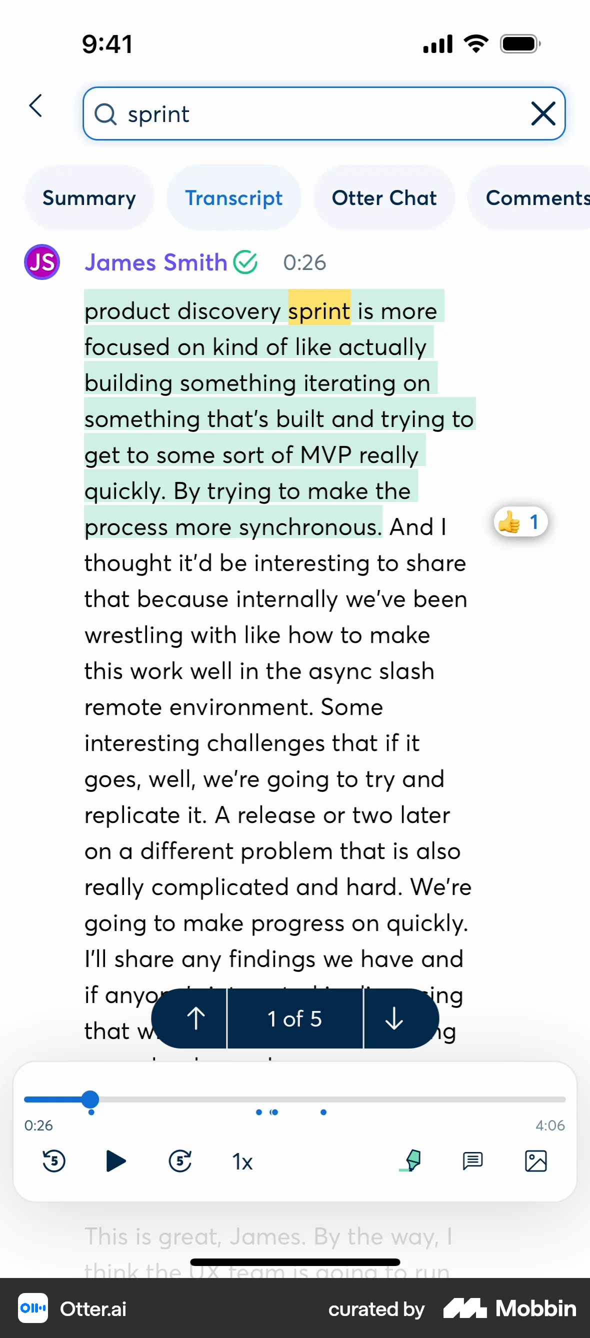 Otter.ai iOS screen containing Slider UI element