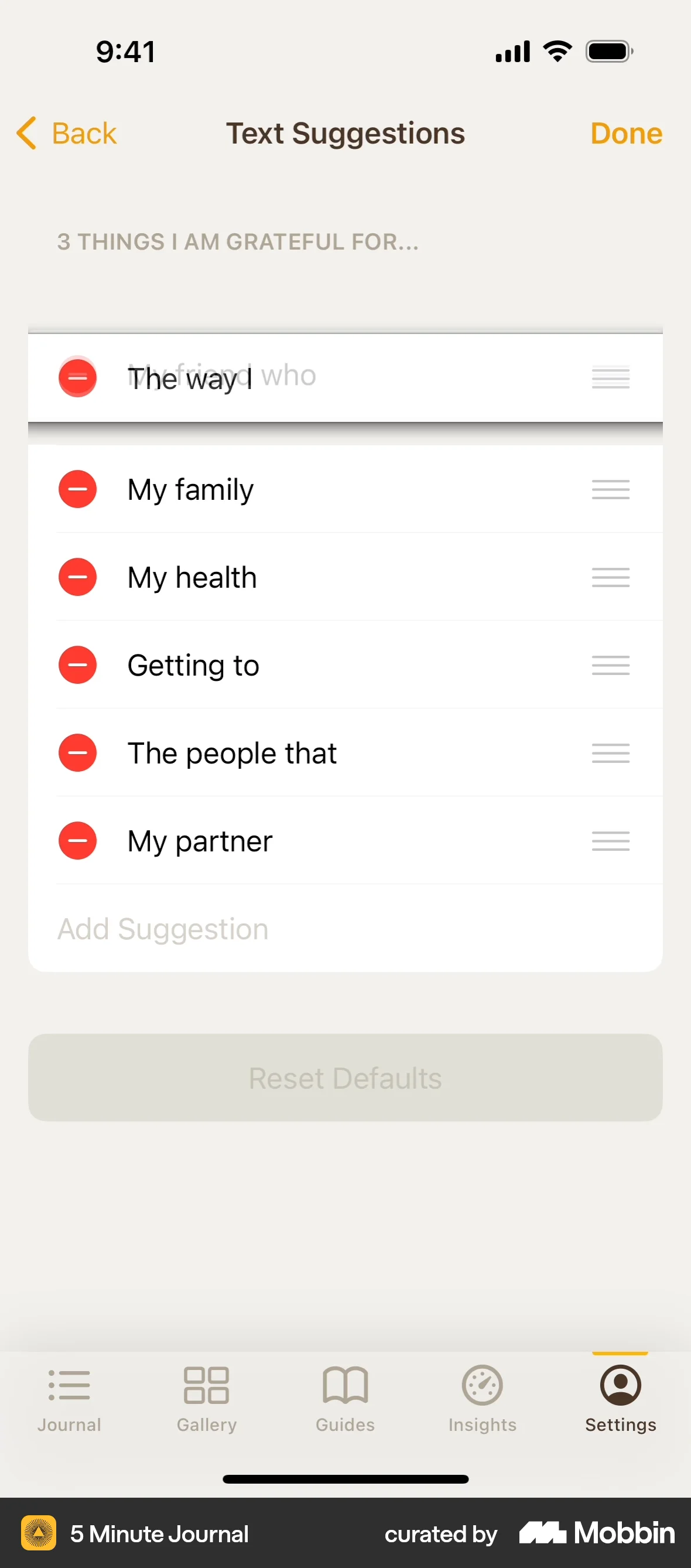5 Minute Journal iOS Reorder screen