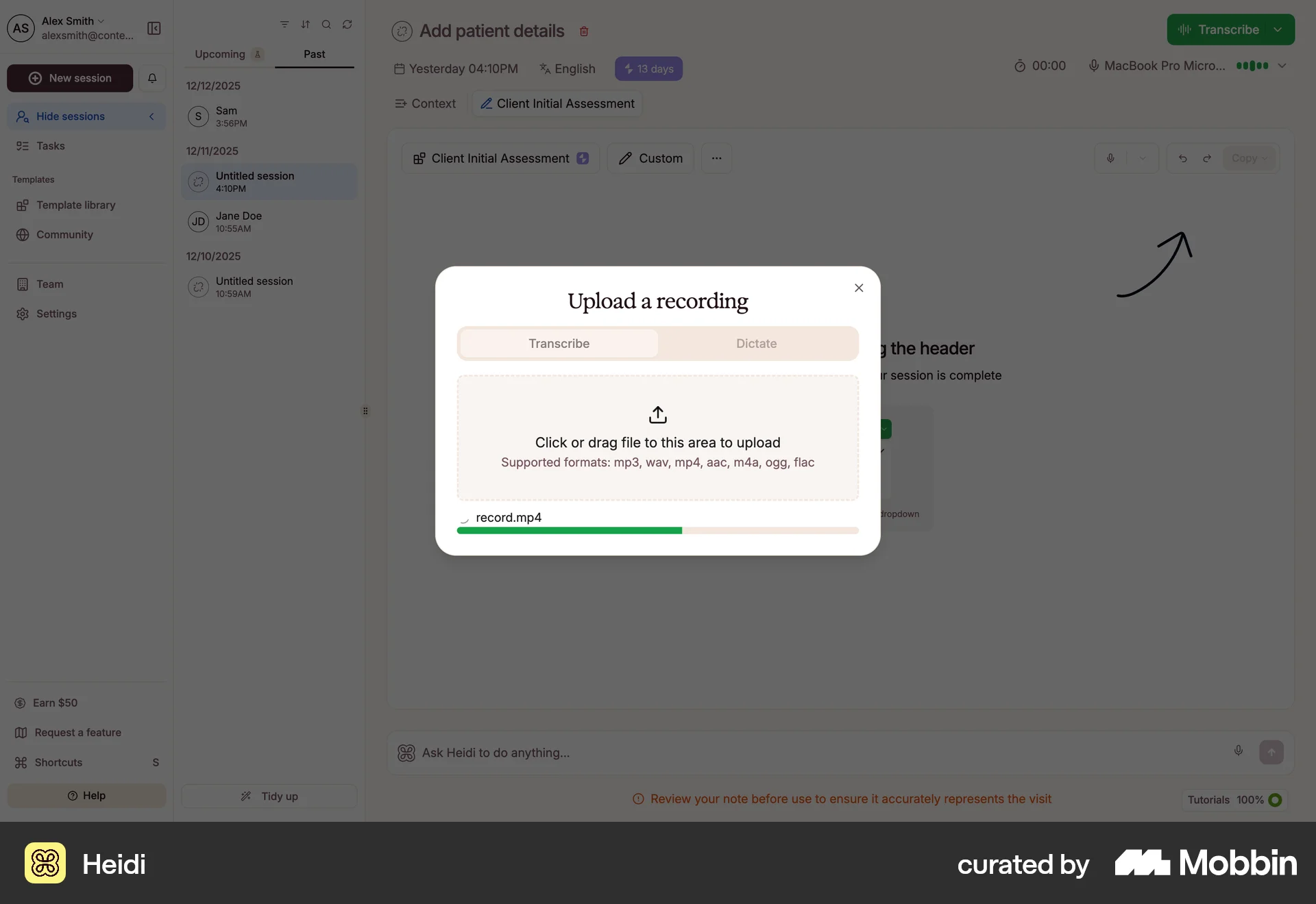 Heidi Web screen containing File Upload UI element