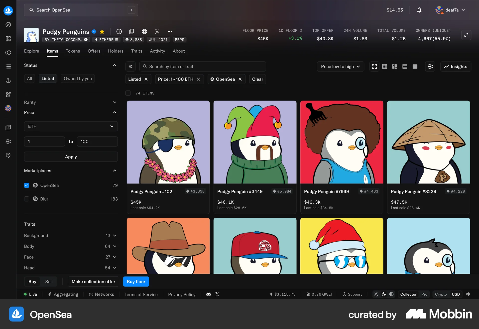 OpenSea Web screen containing Segmented Control UI element