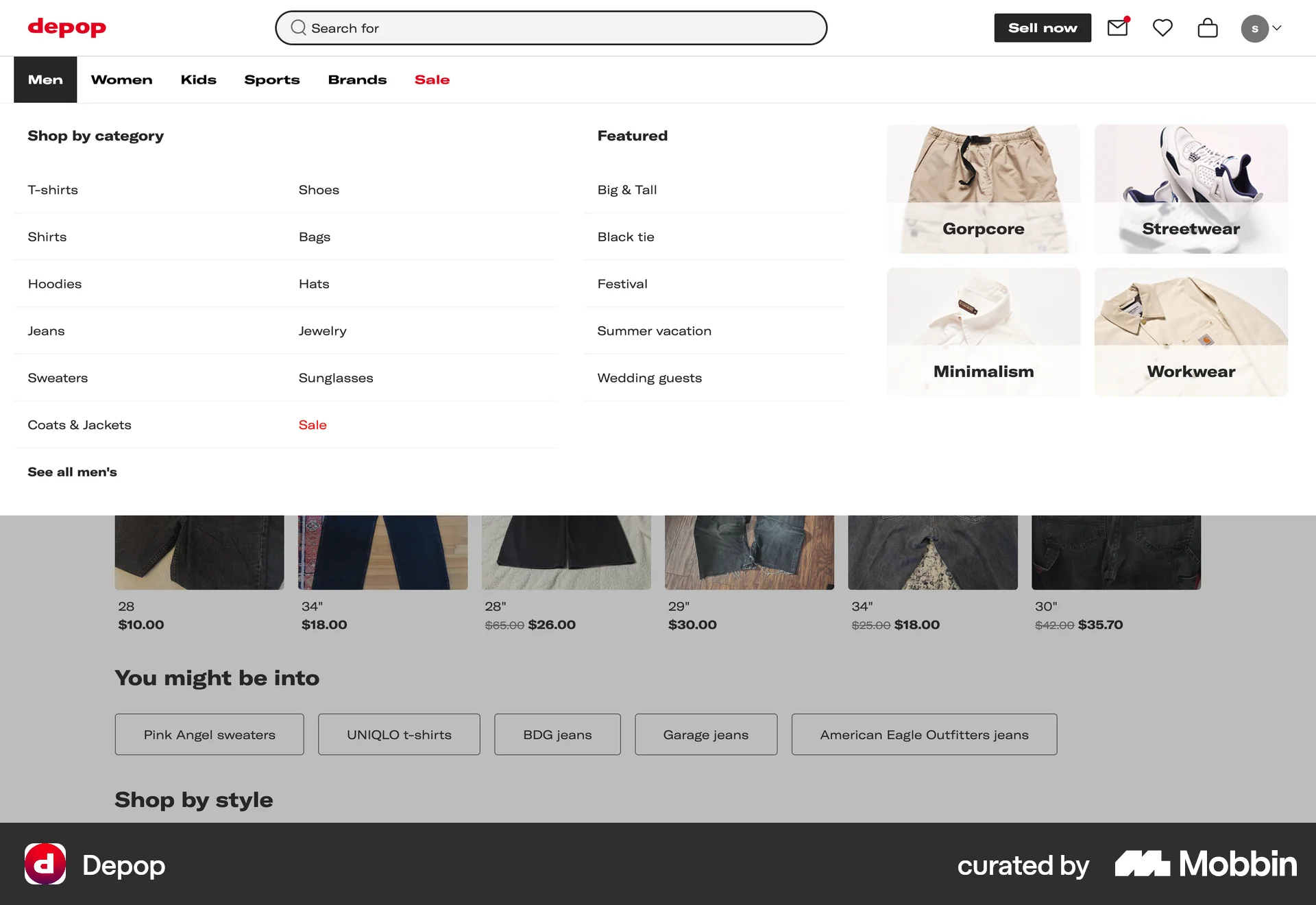 Depop Web screen containing Navigation Menu UI element