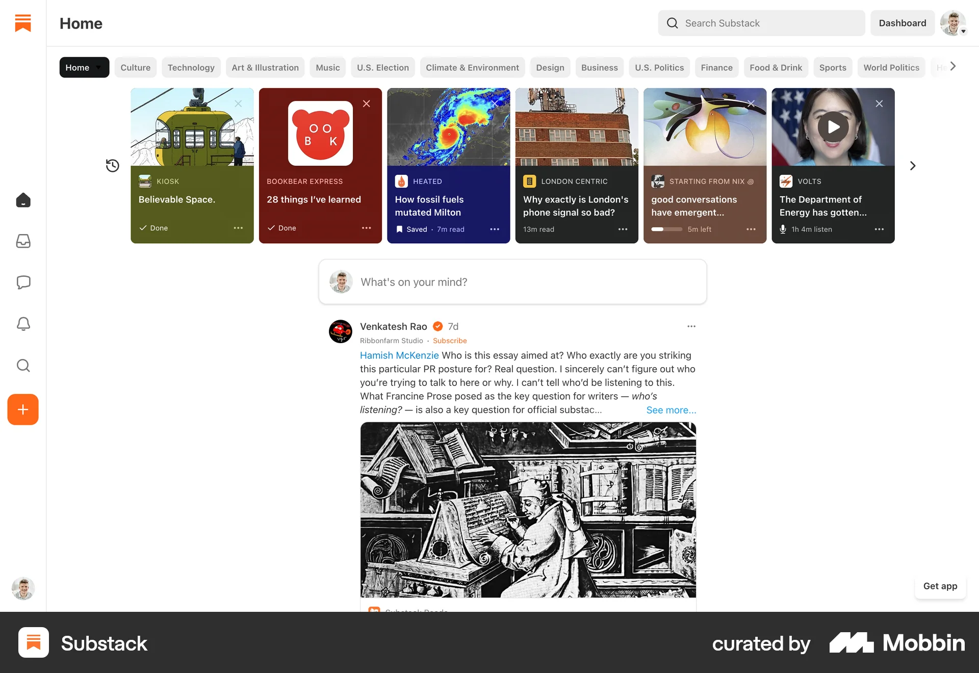 Substack Web screen containing Side Navigation UI element