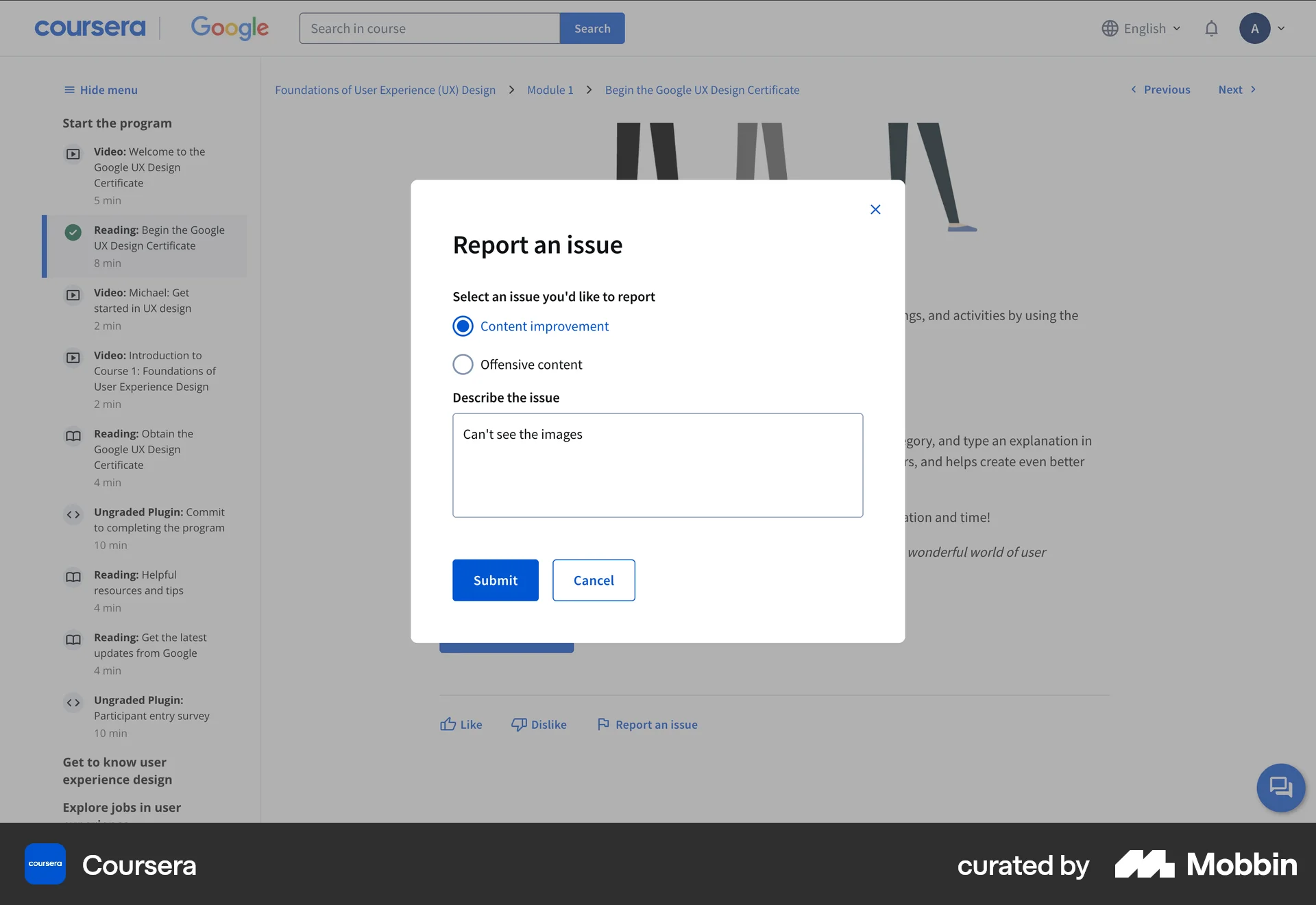 Coursera Web Flag & Report screen