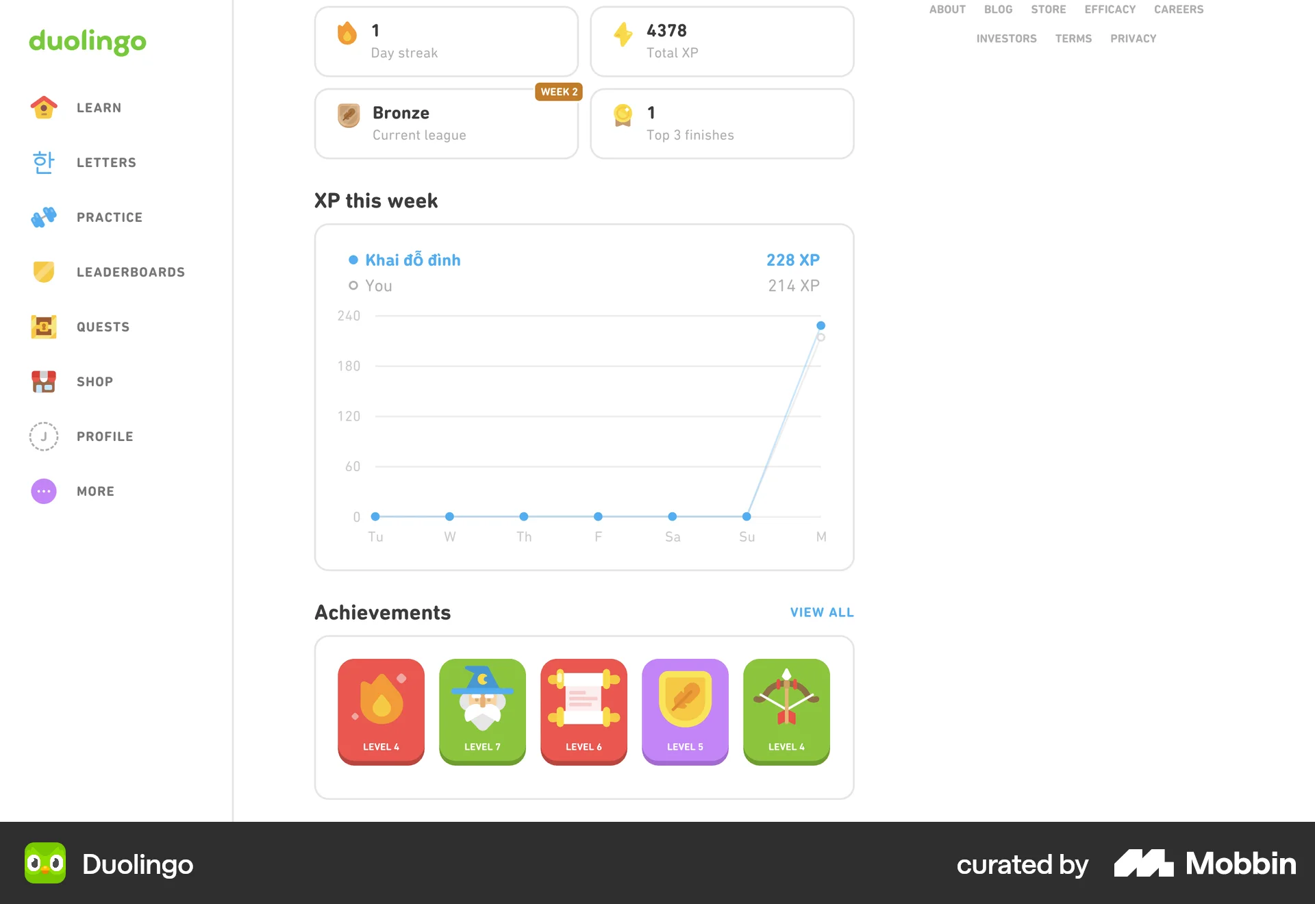 Duolingo Web User / Group Profile screen