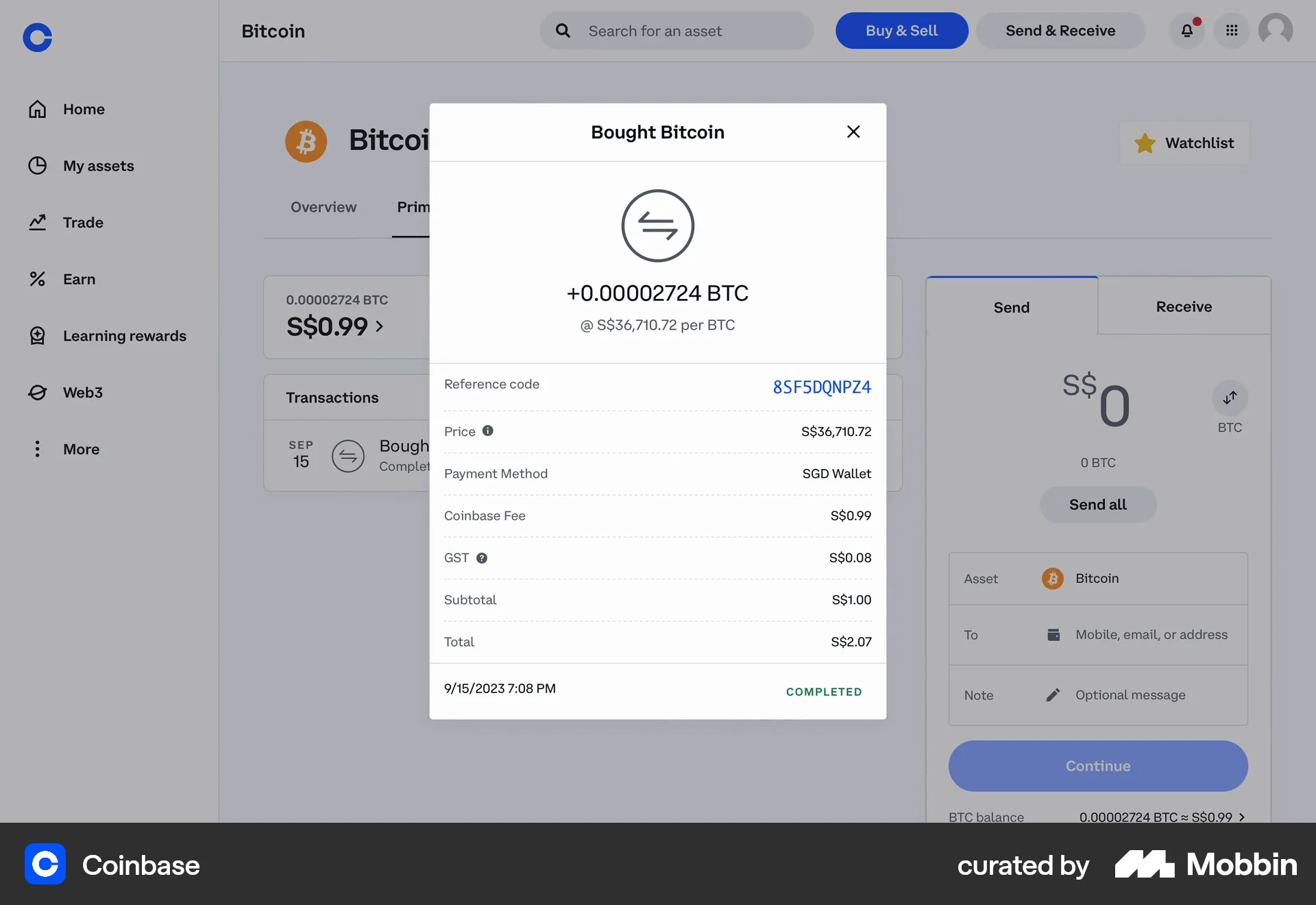 Coinbase Web Order Detail screen
