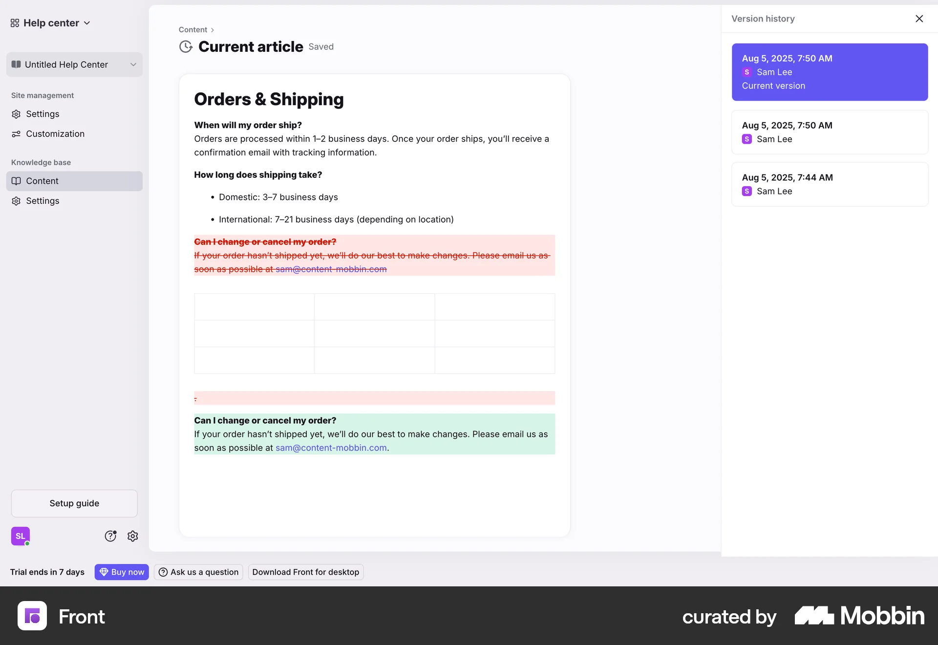 Front Web Timeline & History screen