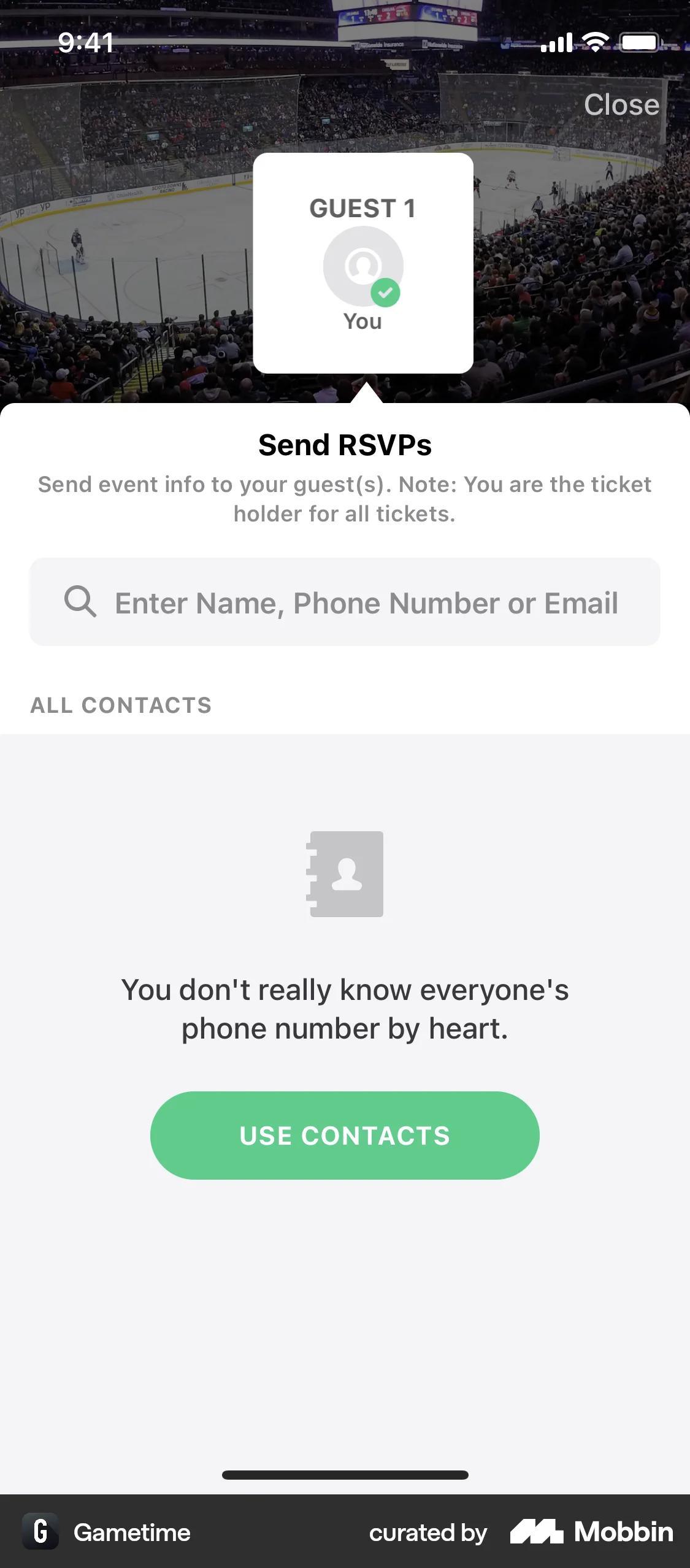 Gametime iOS Invite & Refer Friends screen