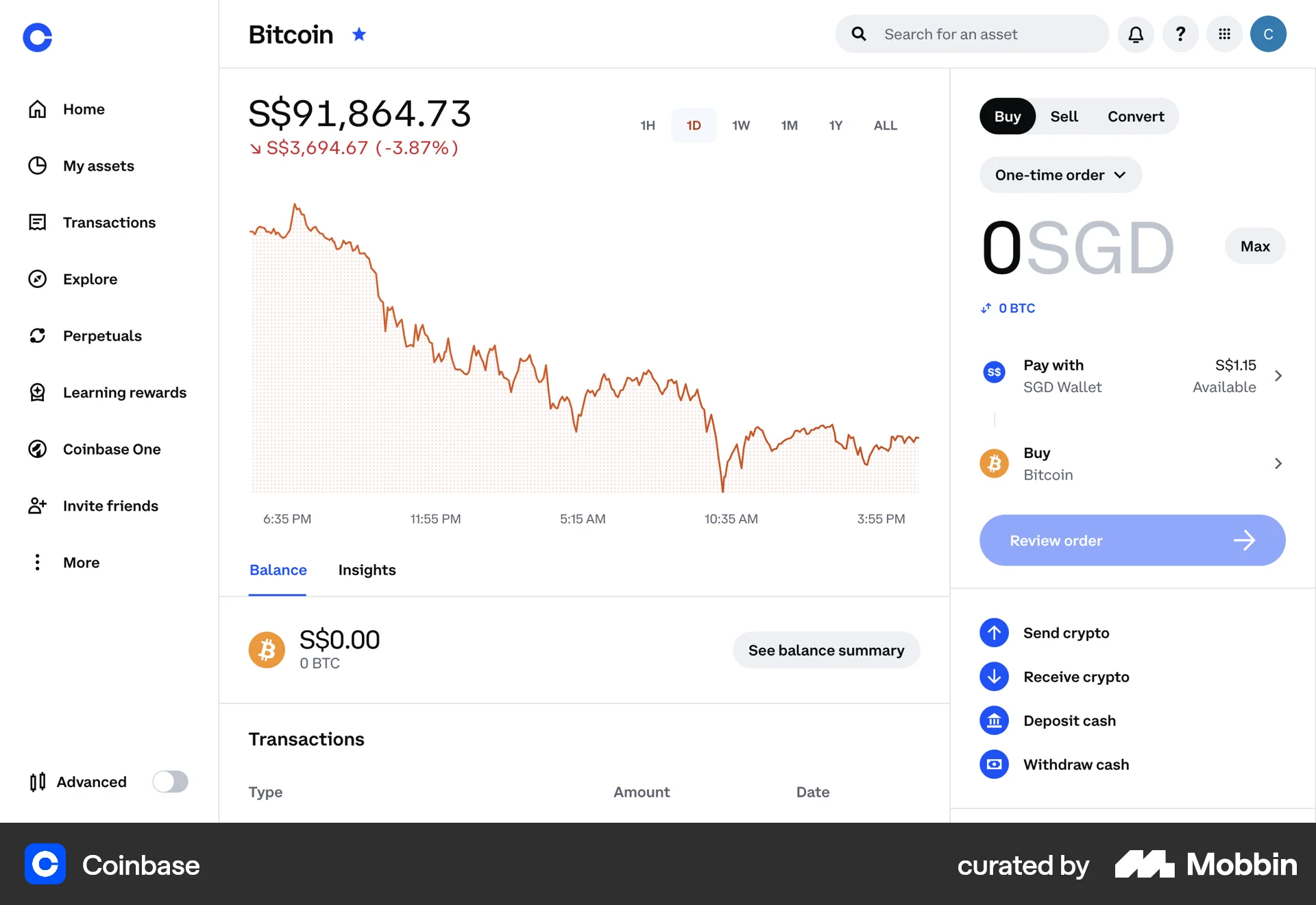 Coinbase Web Wallet & Balance screen