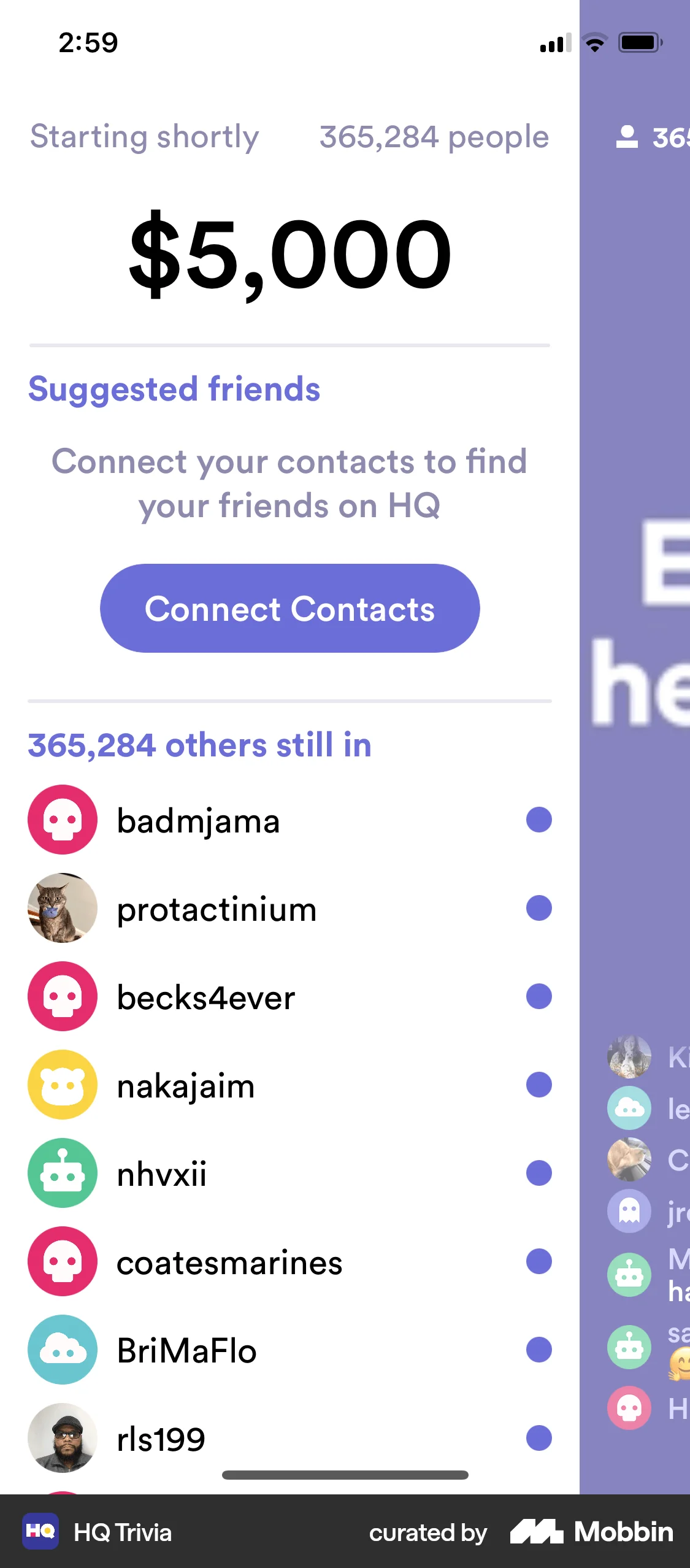 HQ Trivia iOS screen containing Drawer UI element