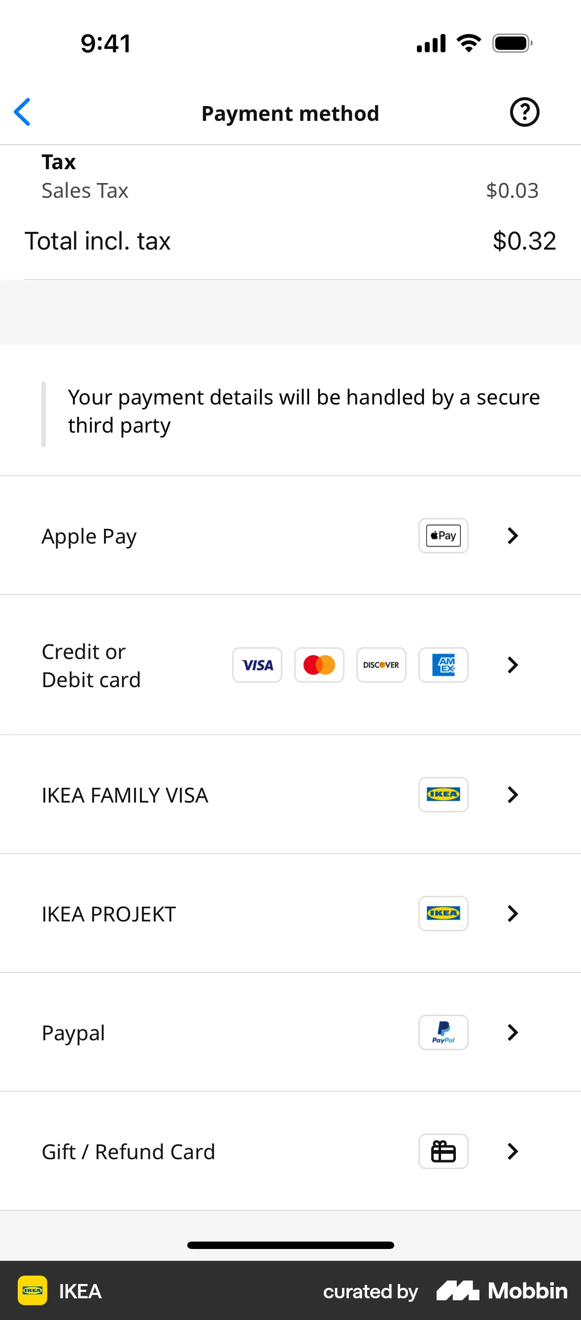 IKEA iOS Payment Method screen