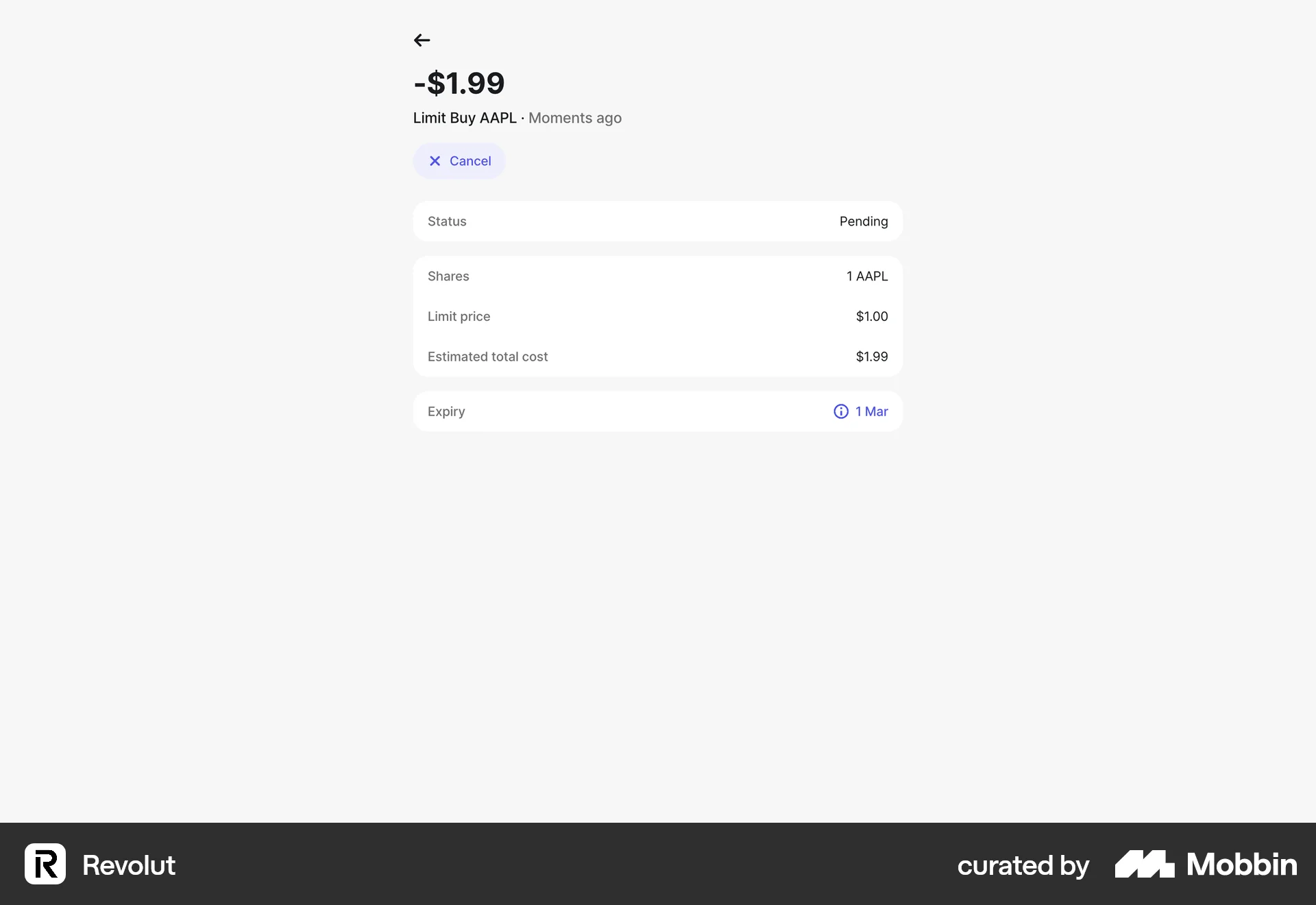 Revolut Web Order Detail screen