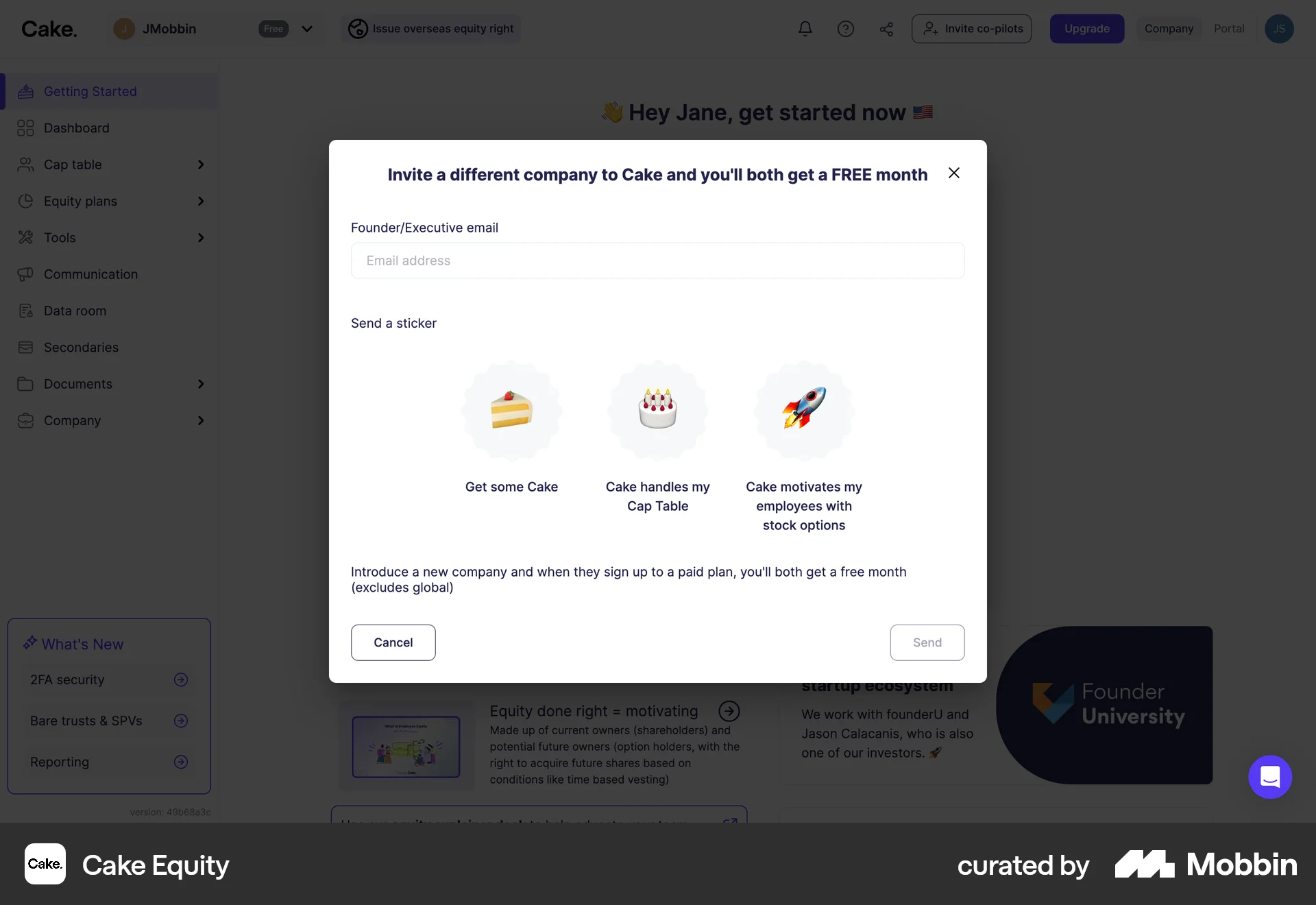 Cake Equity Web Invite & Refer Friends screen