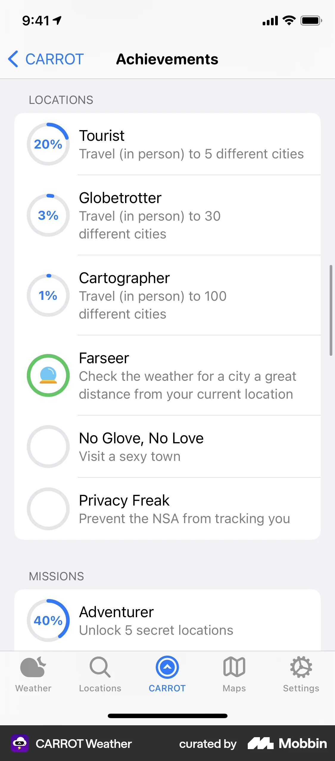 CARROT Weather iOS Achievements & Awards screen