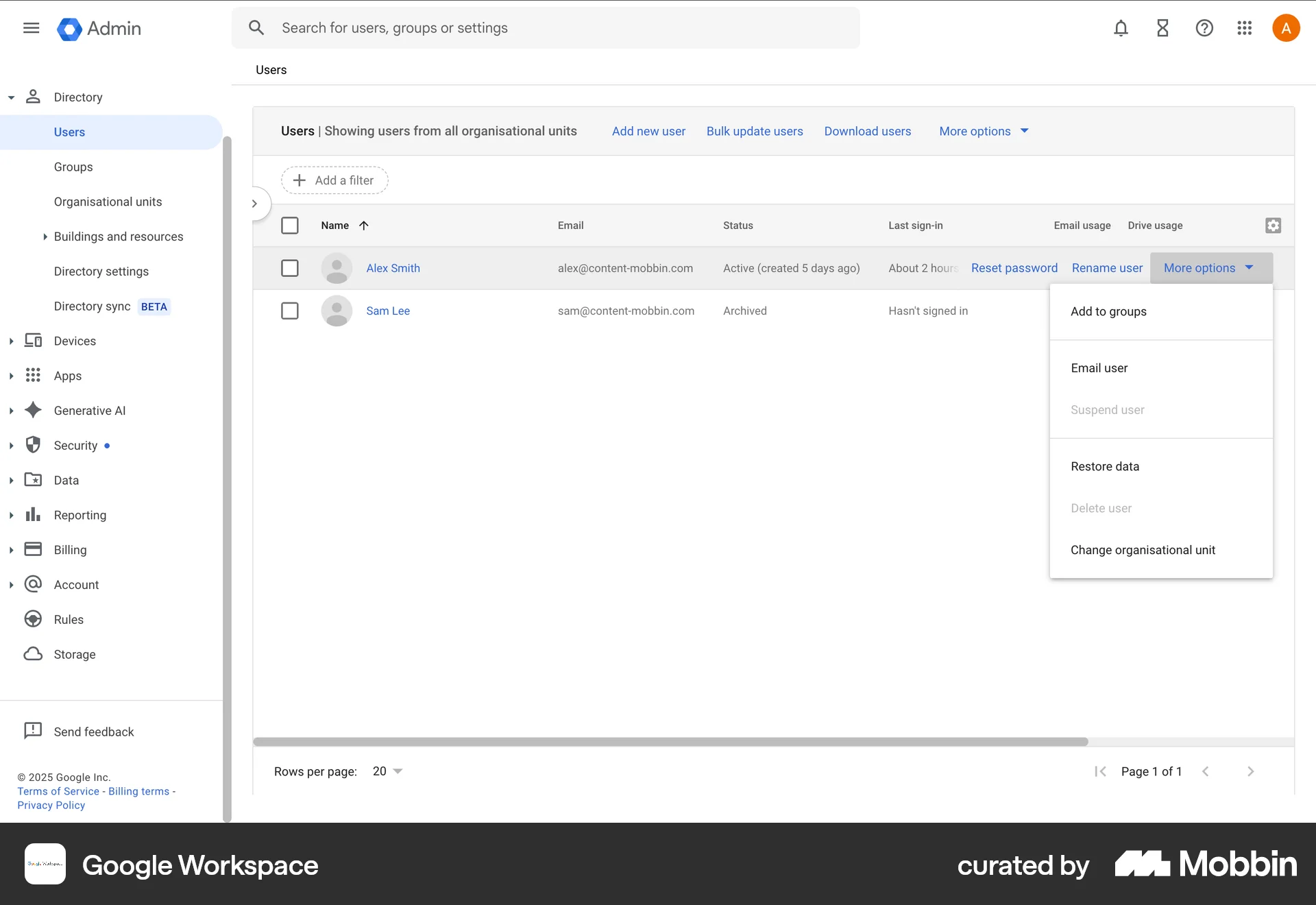 Google Workspace Web Action Option screen