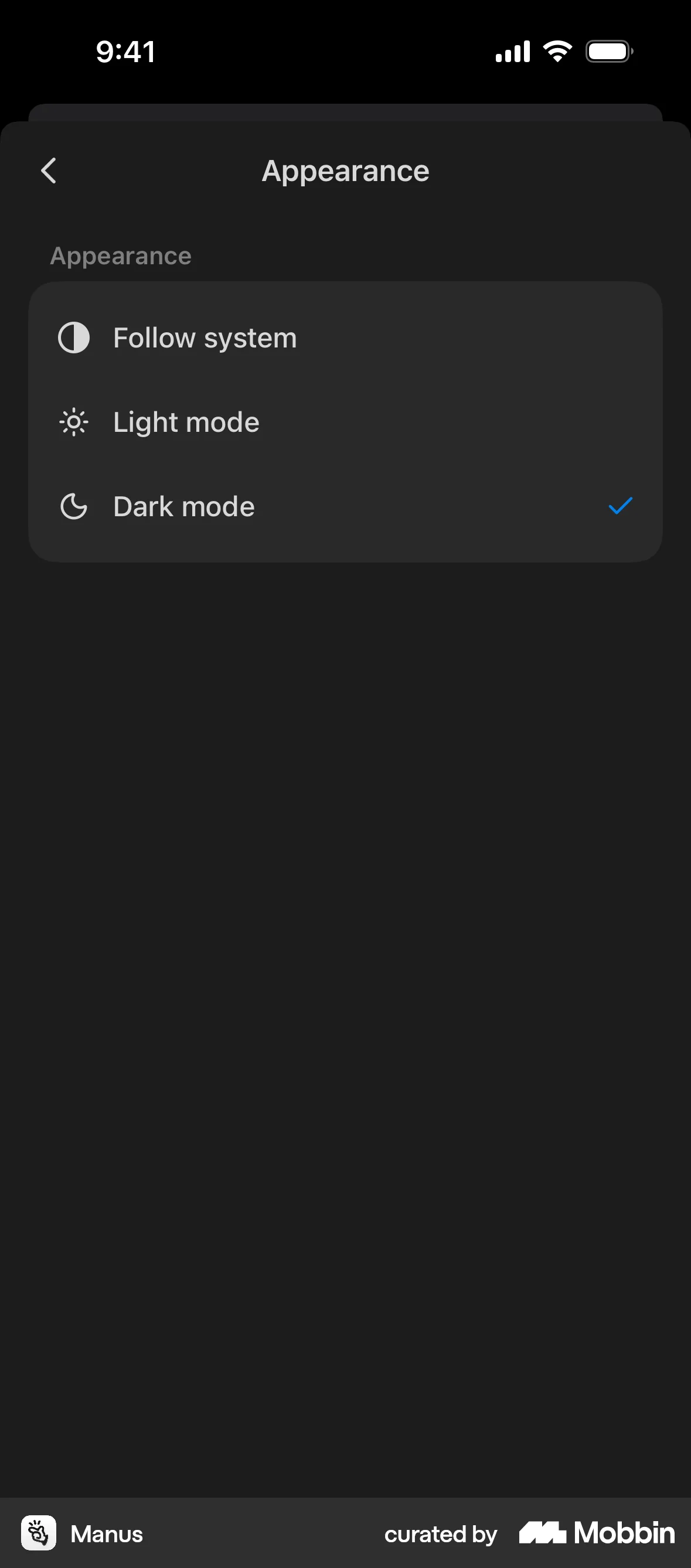 Manus iOS Dark Mode screen