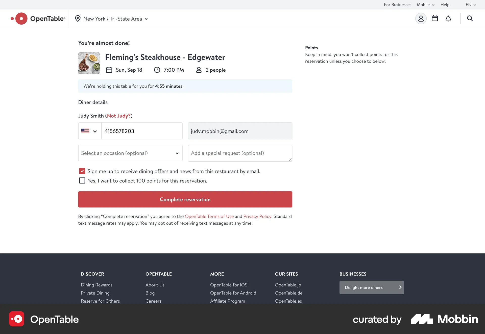 OpenTable Web Timer & Clock screen