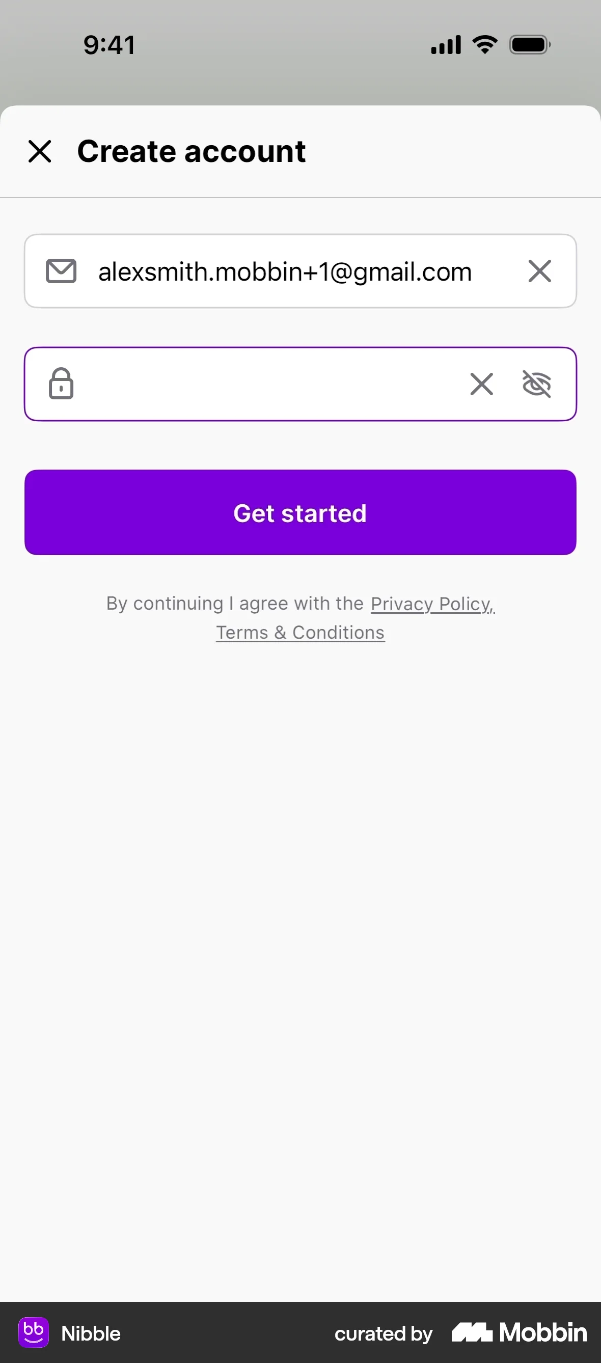 Nibble iOS Signup screen