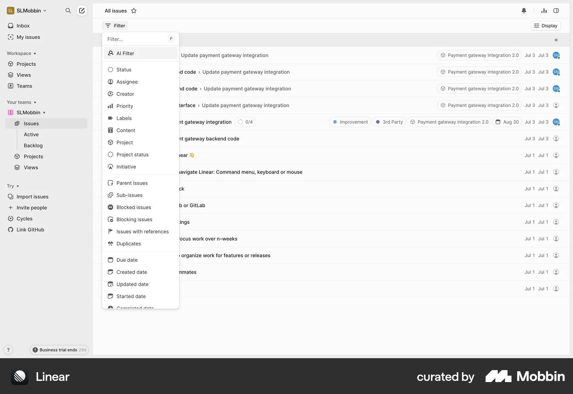 Linear Web screen containing Filter Panel UI UI element