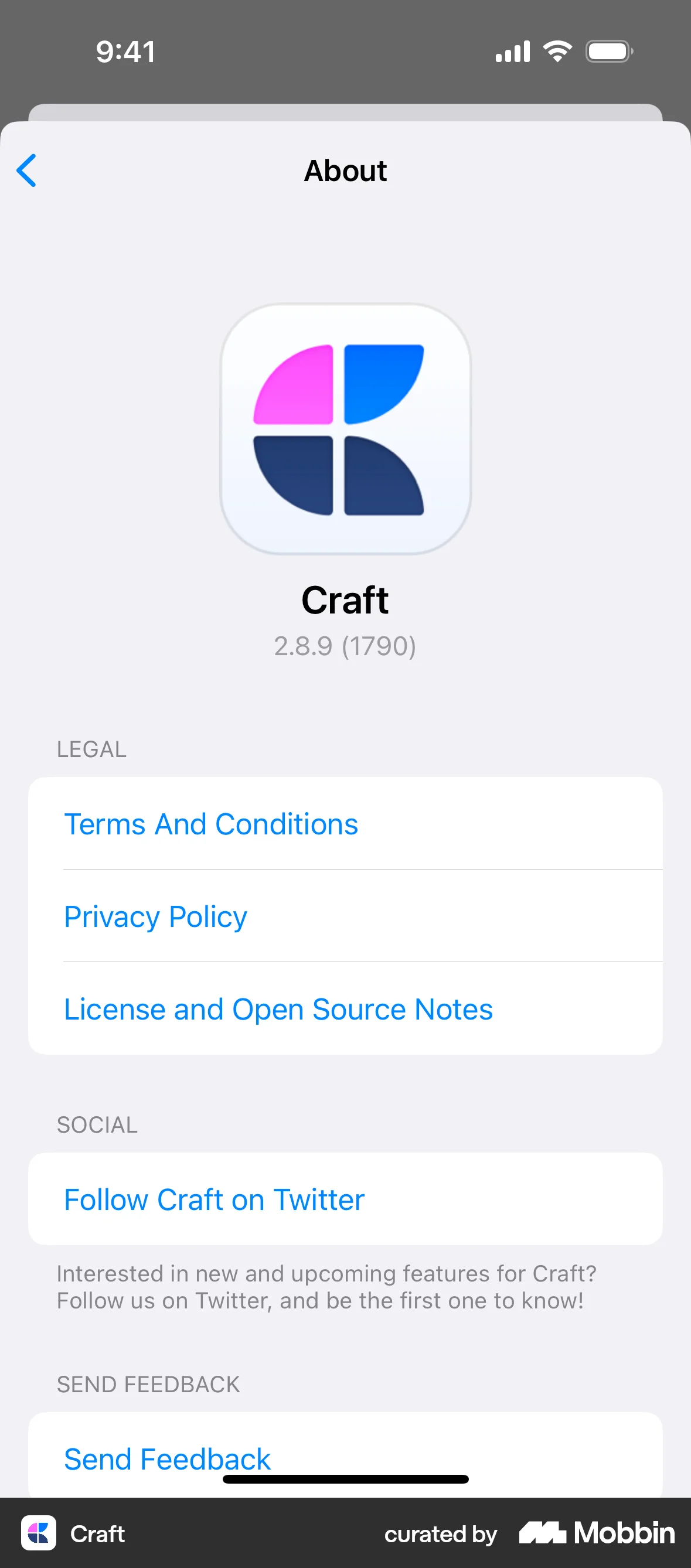 Craft iOS About screen