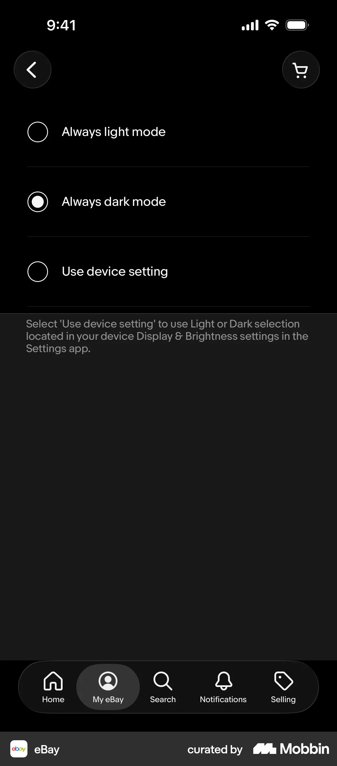 eBay iOS Dark Mode screen