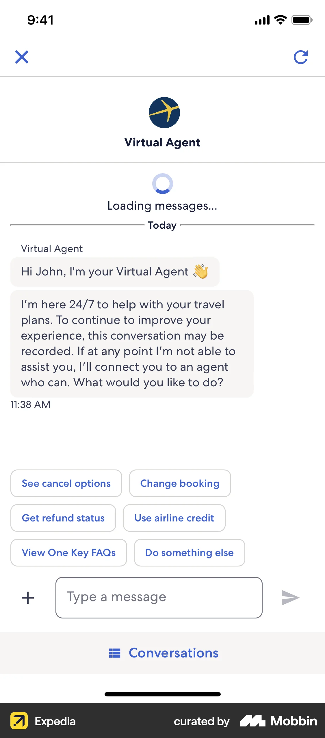 Expedia iOS Chat Bot screen