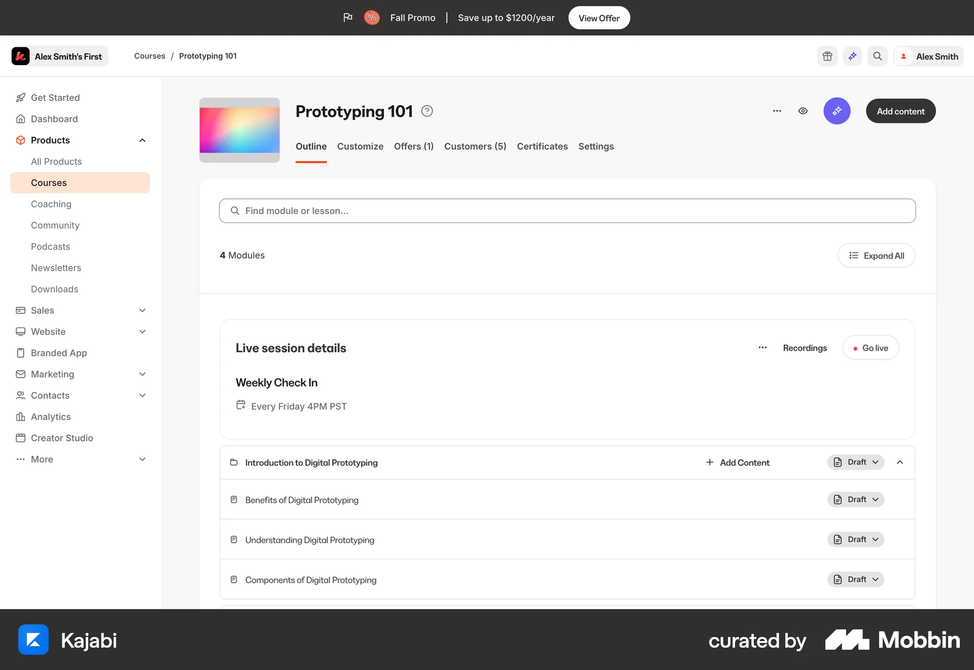 Kajabi Web Class & Lesson Detail screen