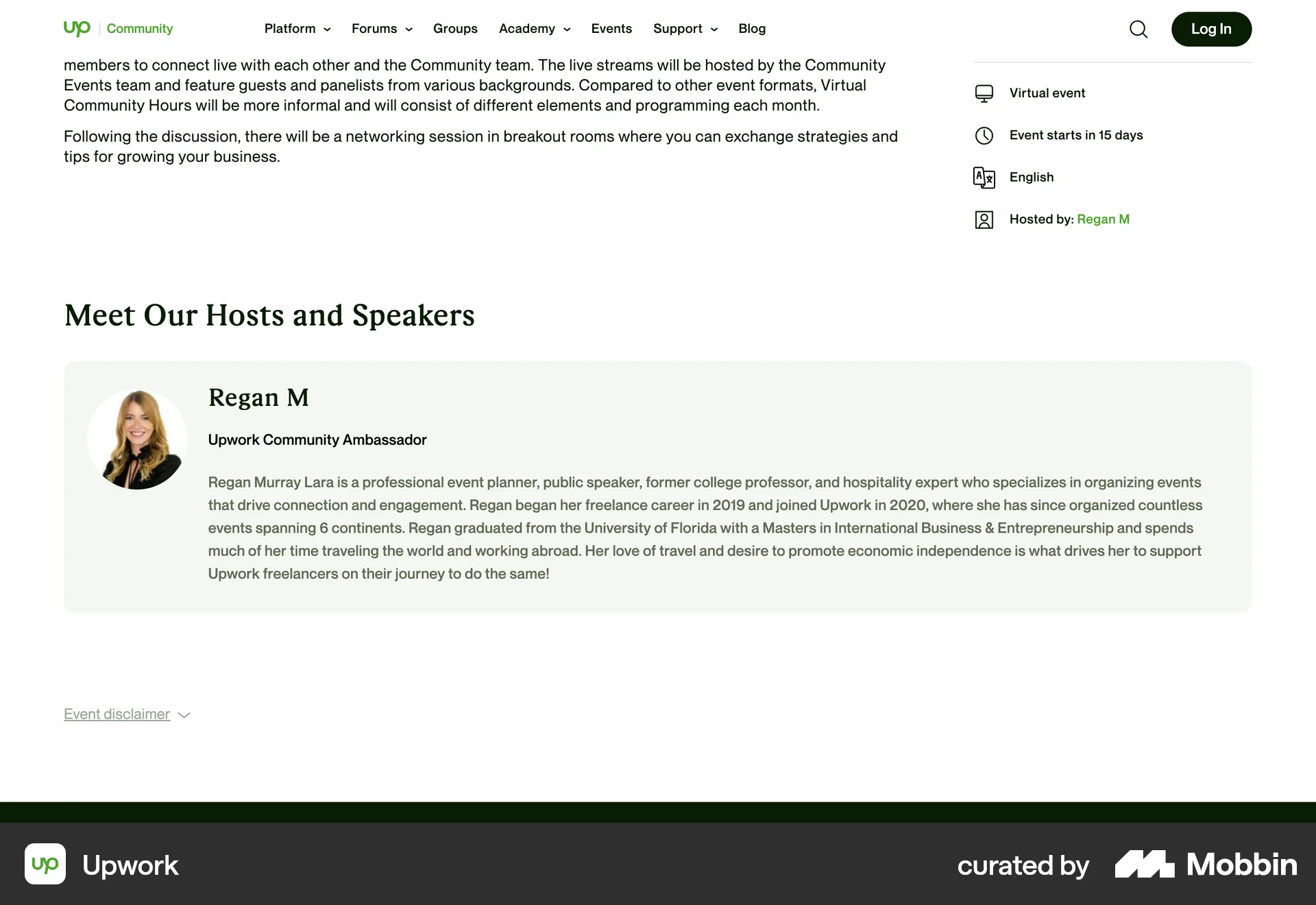 Upwork Web Event Detail screen