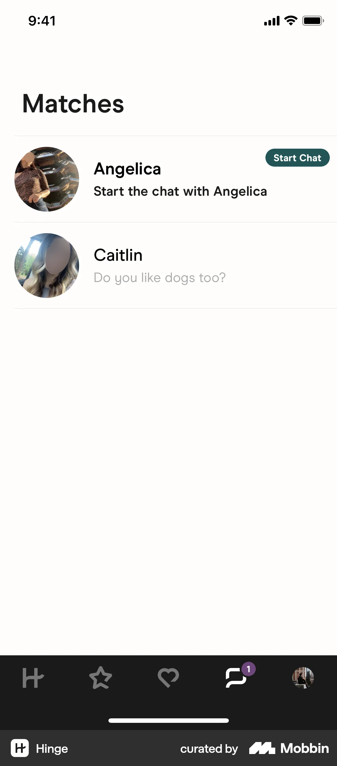 Hinge iOS Emails & Messages screen