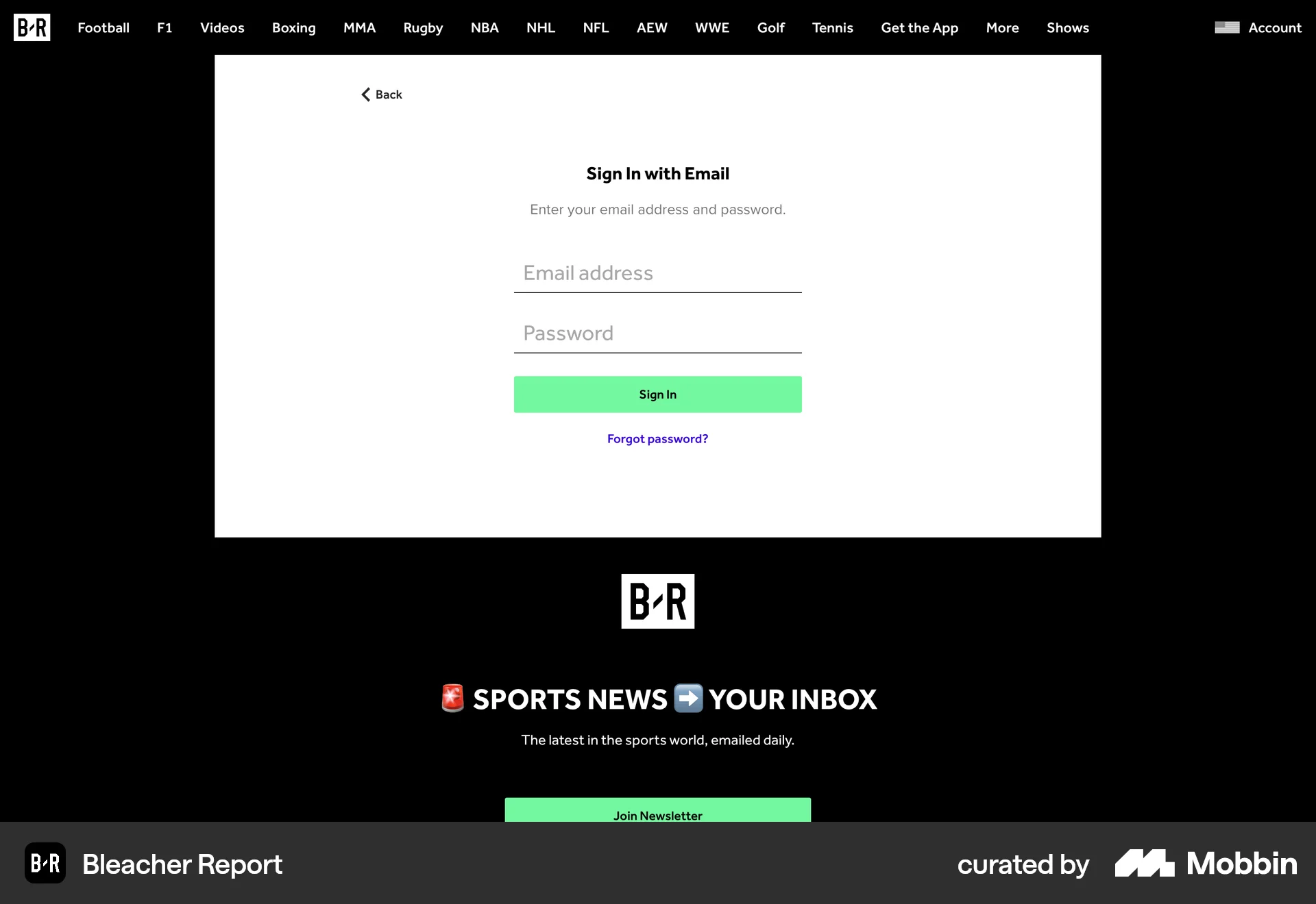 Bleacher Report Web Sports App screen
